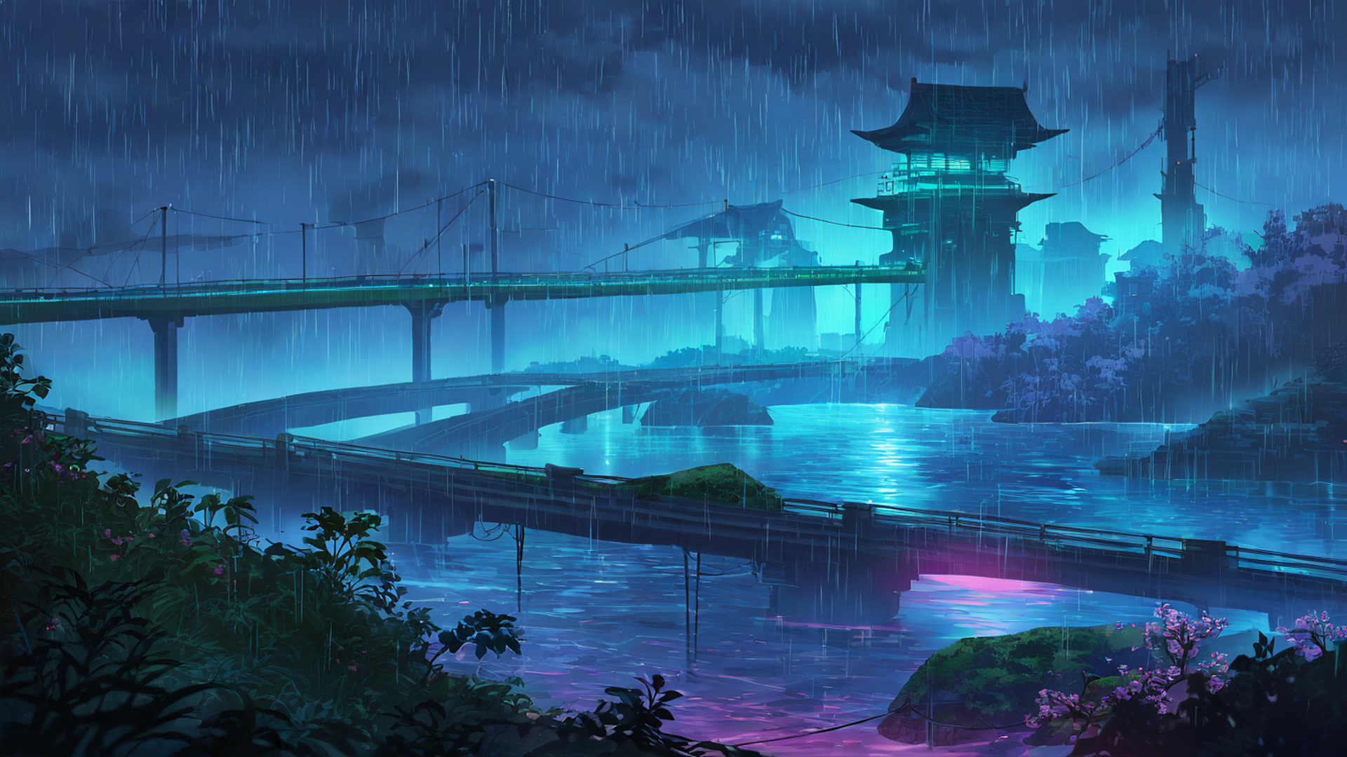 cyberpunk bridge lofi wallpaper