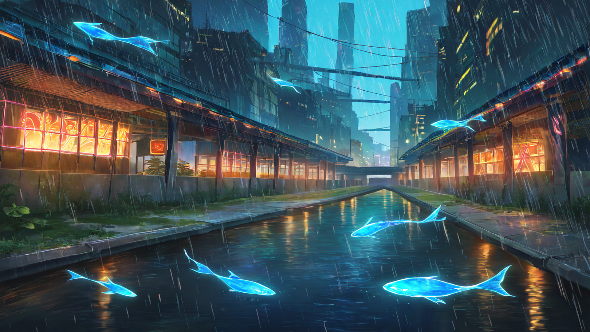 cyberpunk bridge lofi wallpaper