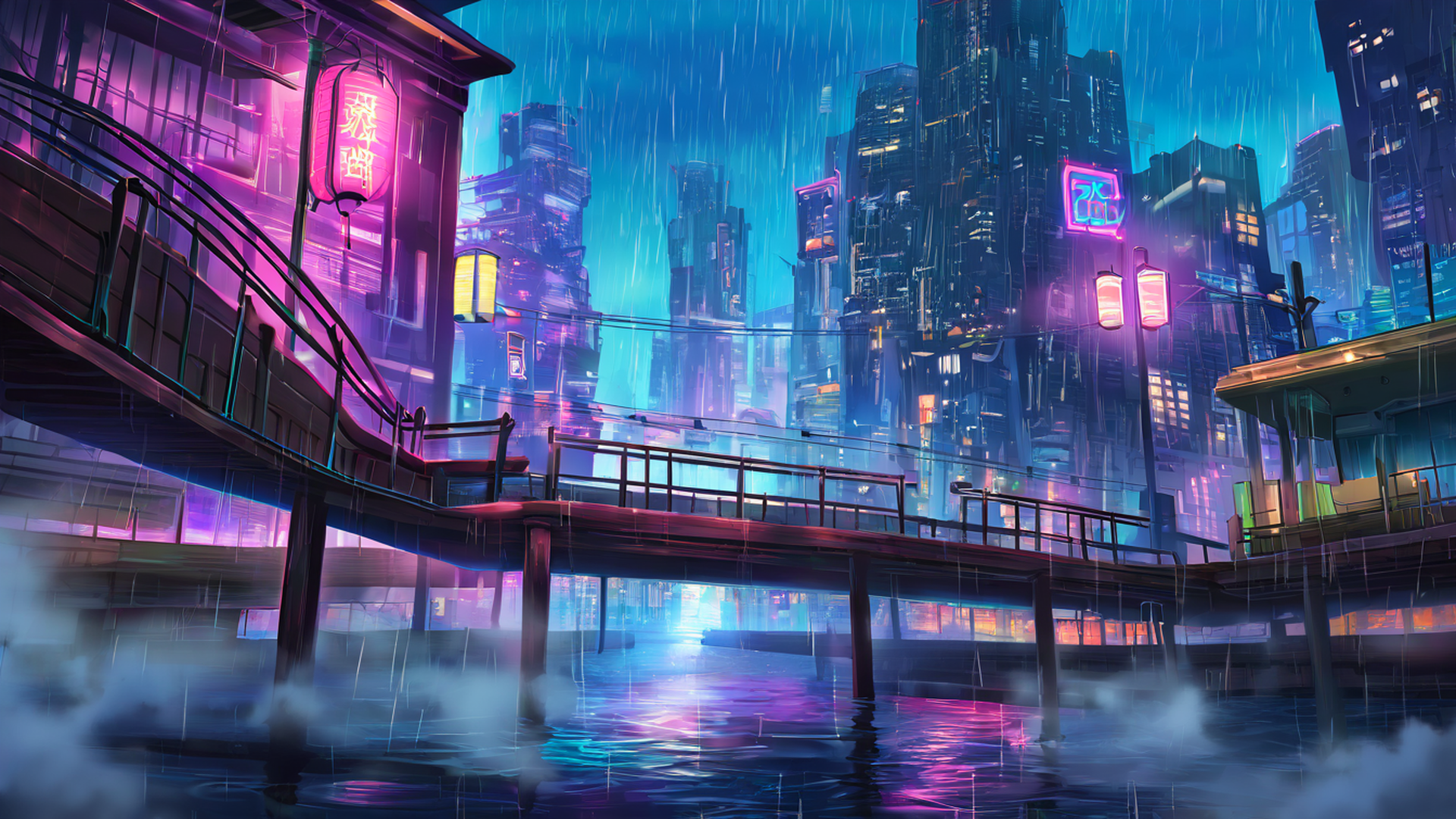 cyberpunk bridge lofi wallpaper