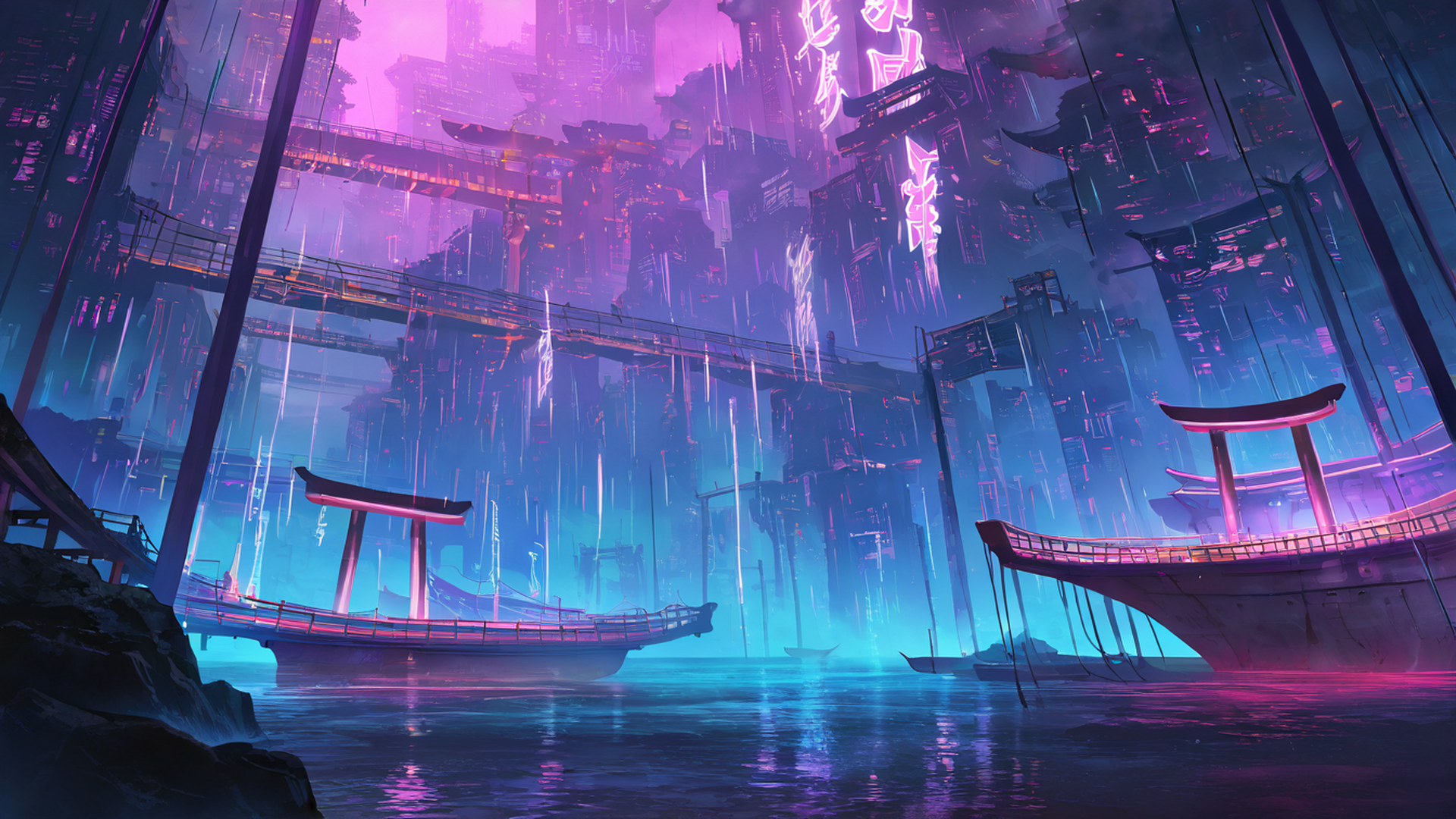 cyberpunk bridge lofi wallpaper