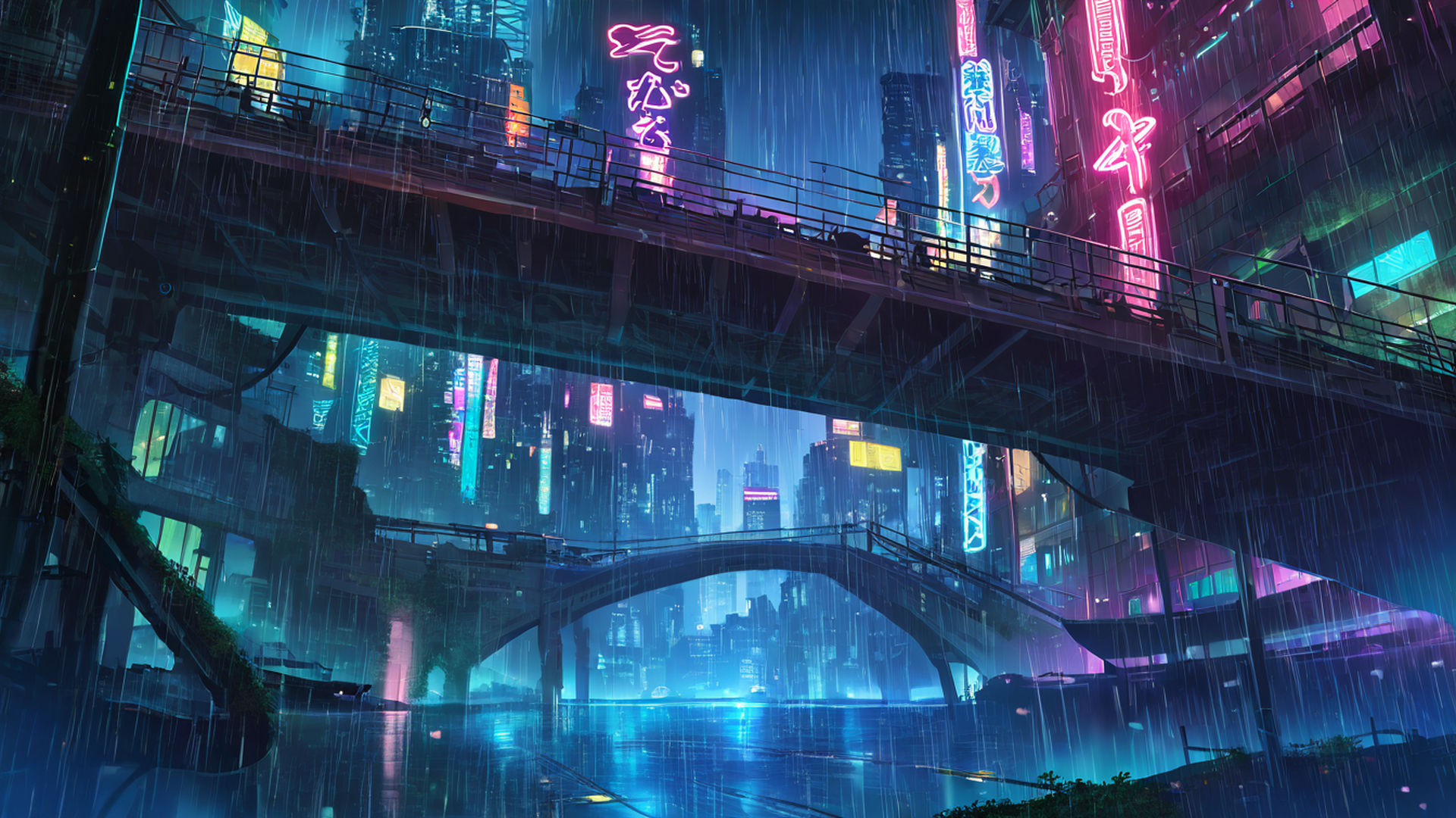 cyberpunk bridge lofi wallpaper