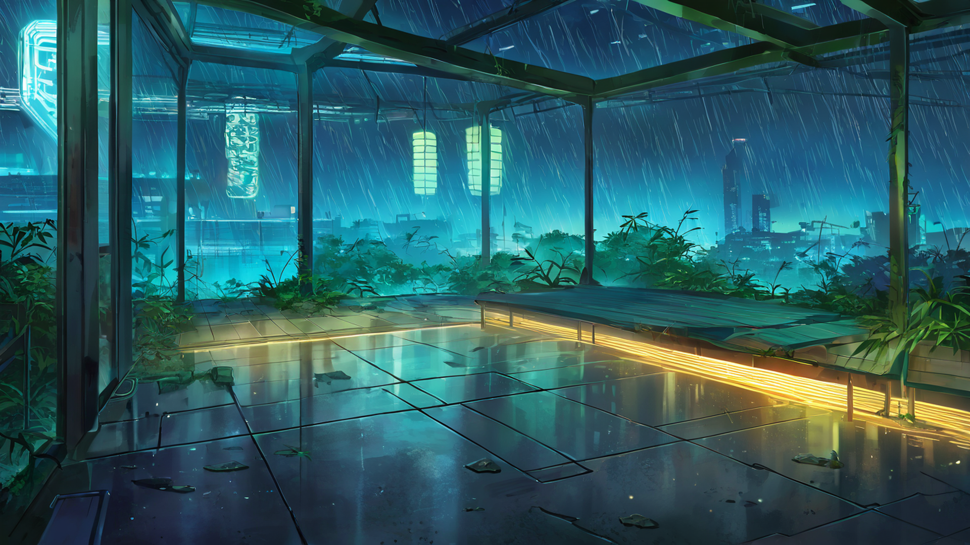 cyberpunk garden lofi wallpaper