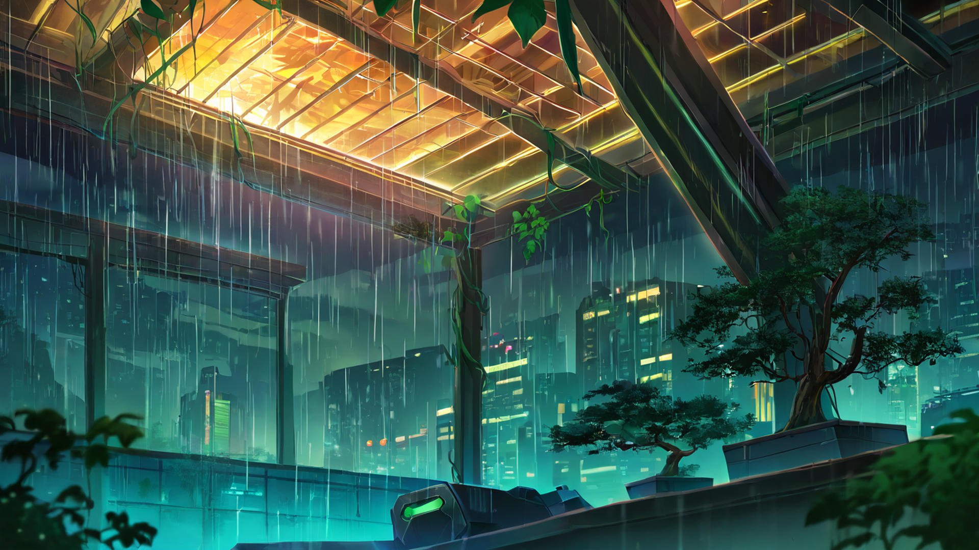 cyberpunk garden lofi wallpaper
