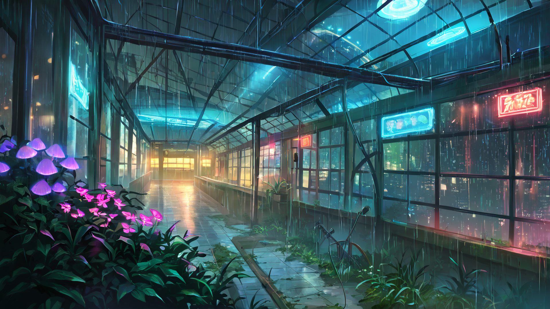 cyberpunk garden lofi wallpaper