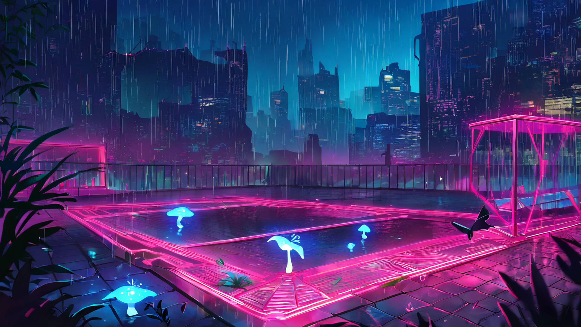 cyberpunk garden lofi wallpaper