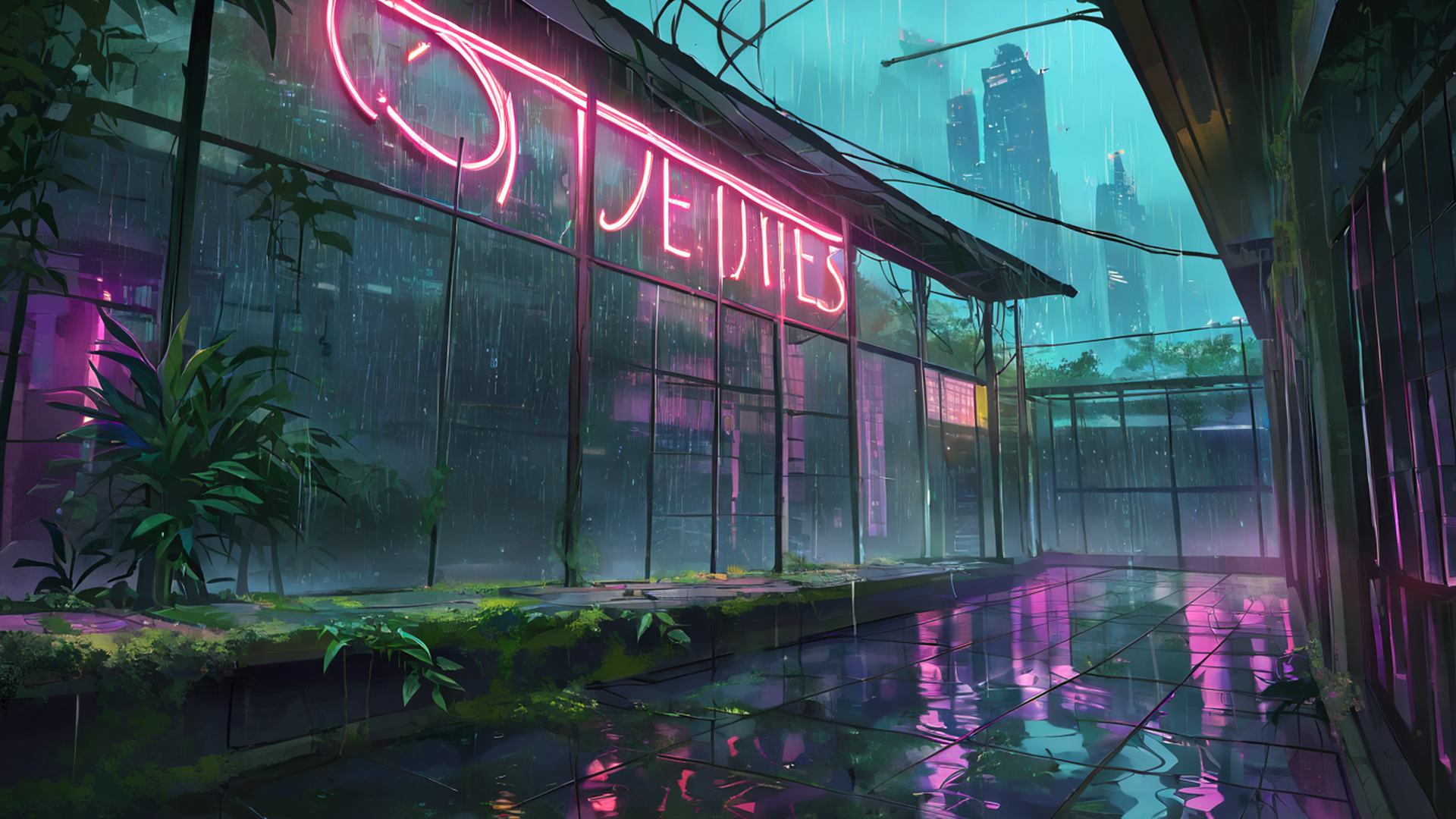 cyberpunk garden lofi wallpaper