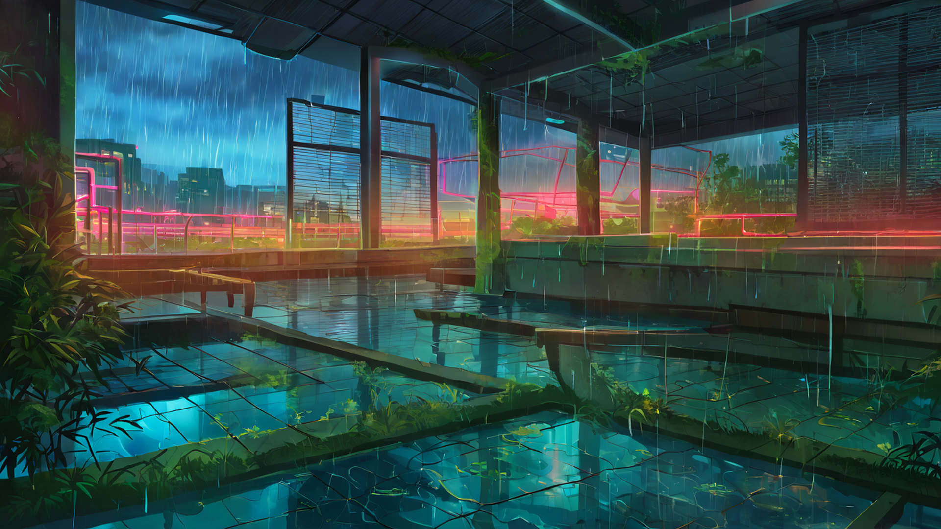 cyberpunk garden lofi wallpaper