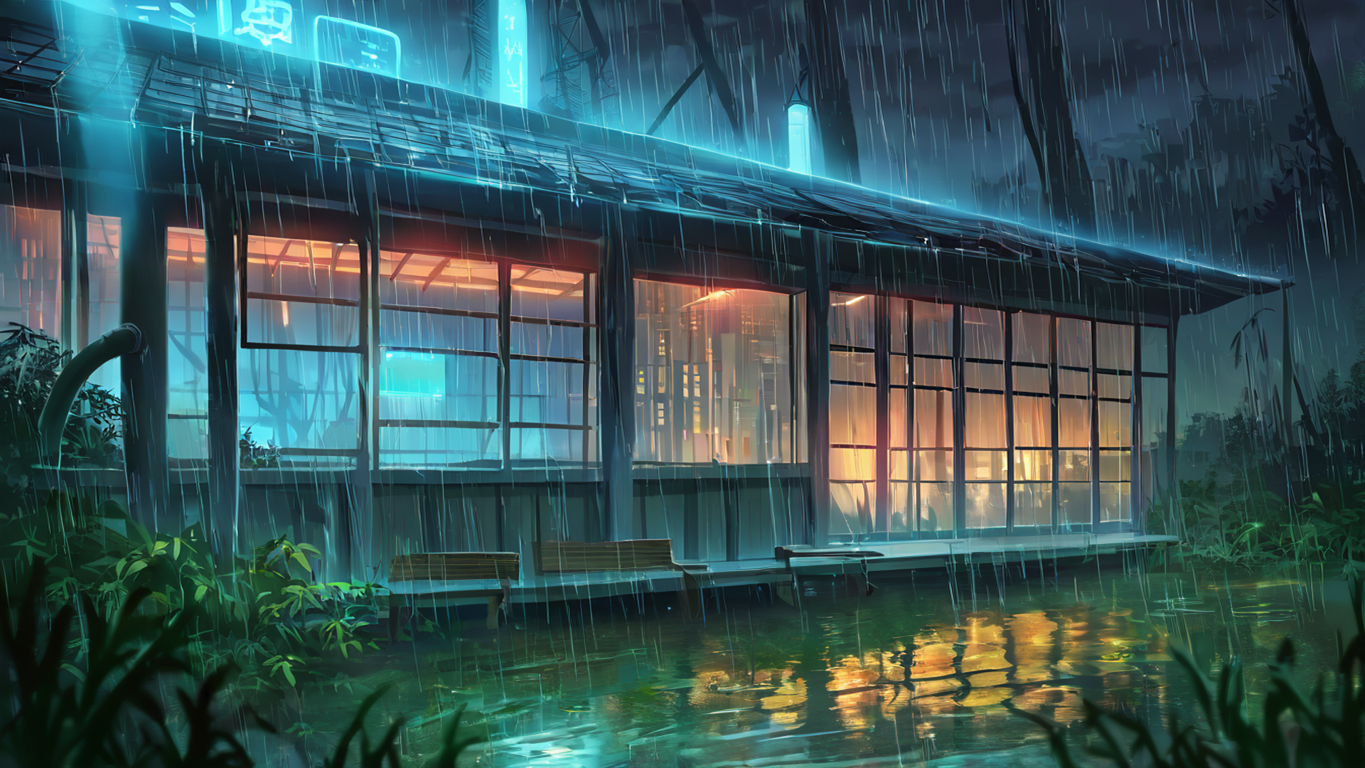 cyberpunk garden lofi wallpaper