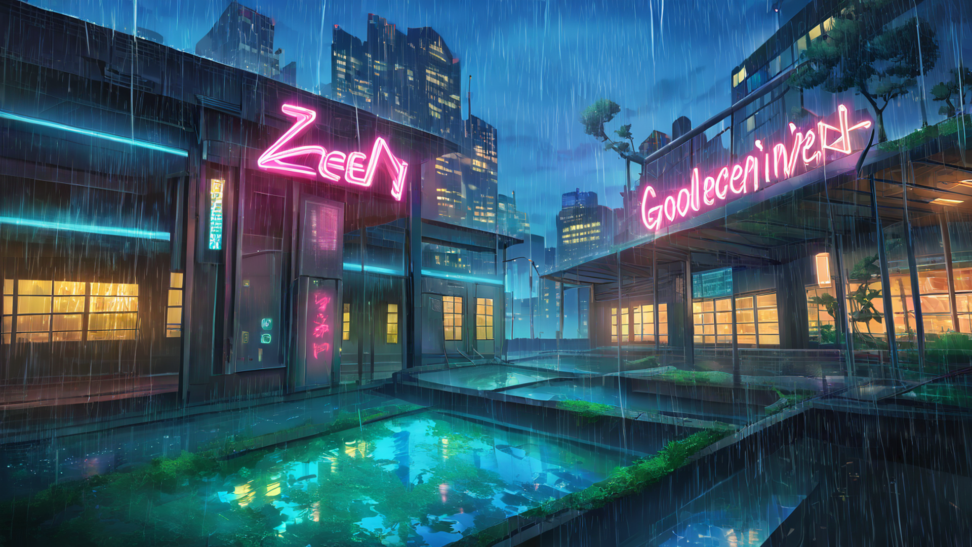cyberpunk garden lofi wallpaper