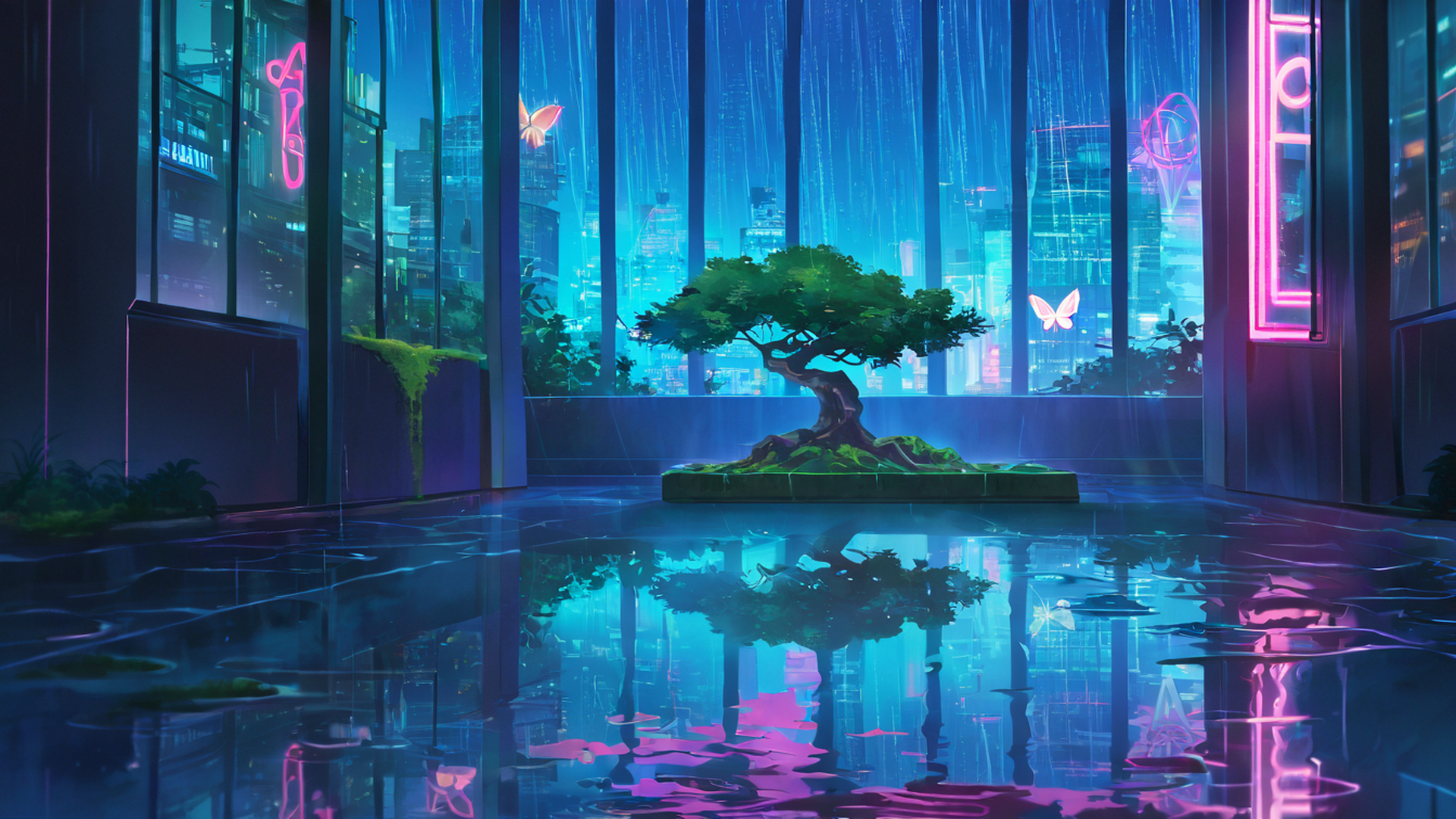 cyberpunk garden lofi wallpaper