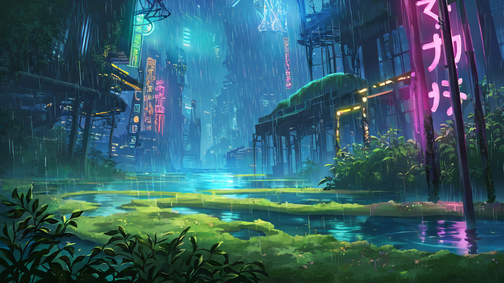 cyberpunk garden lofi wallpaper