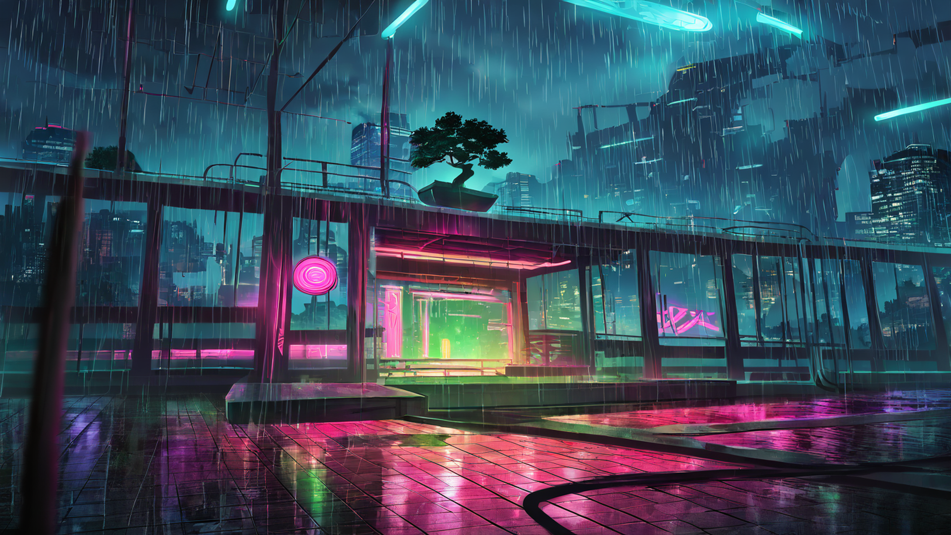 cyberpunk garden lofi wallpaper