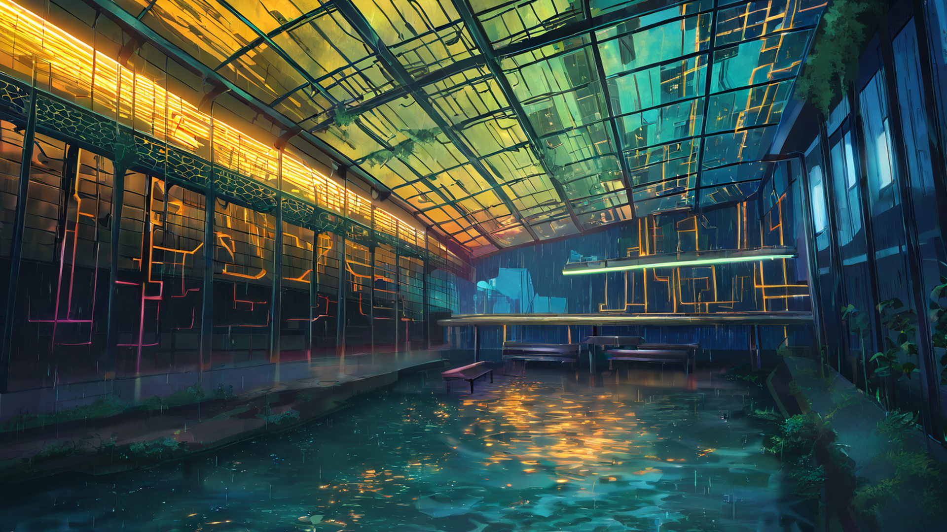 cyberpunk garden lofi wallpaper