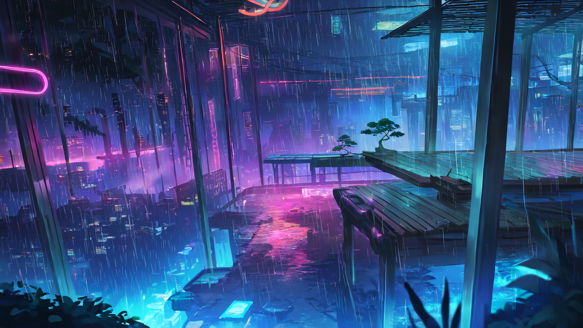 cyberpunk garden lofi wallpaper