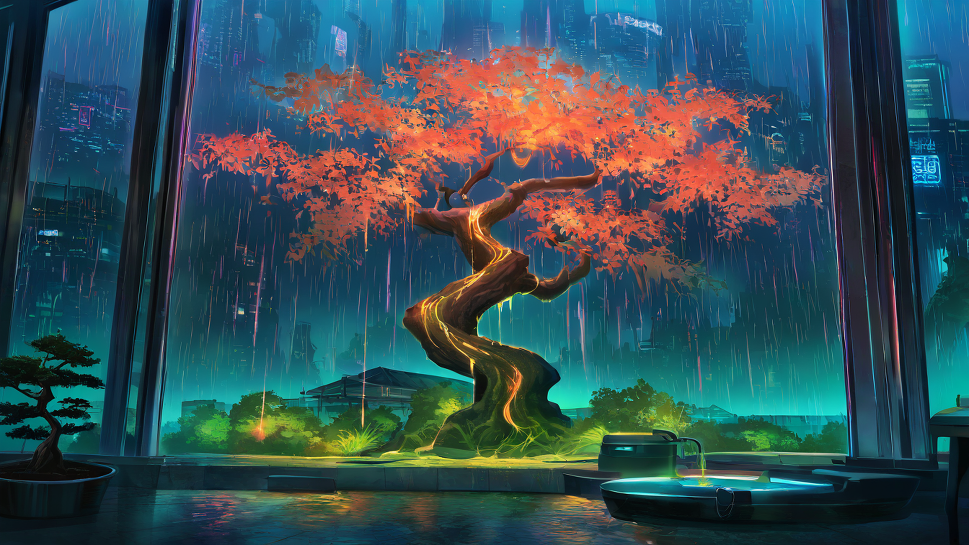 cyberpunk garden lofi wallpaper