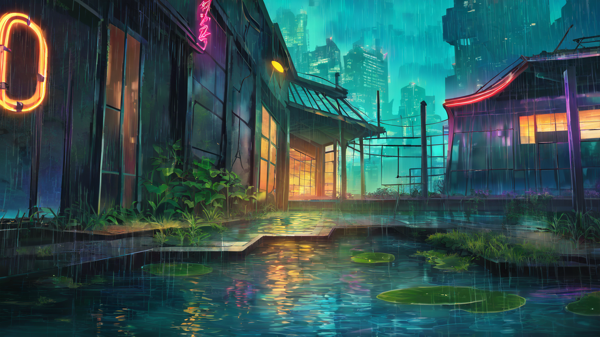 cyberpunk garden lofi wallpaper