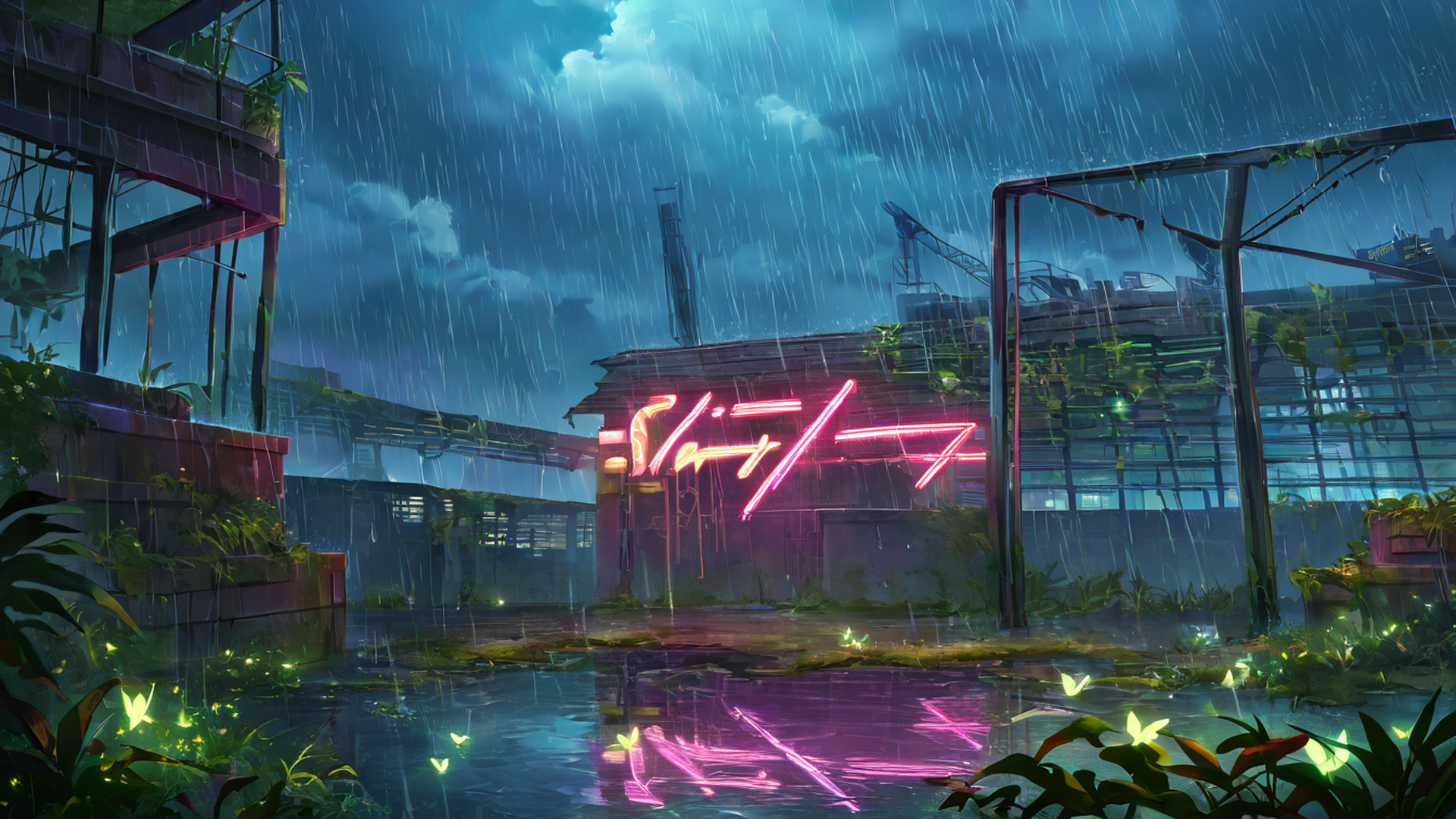 cyberpunk garden lofi wallpaper
