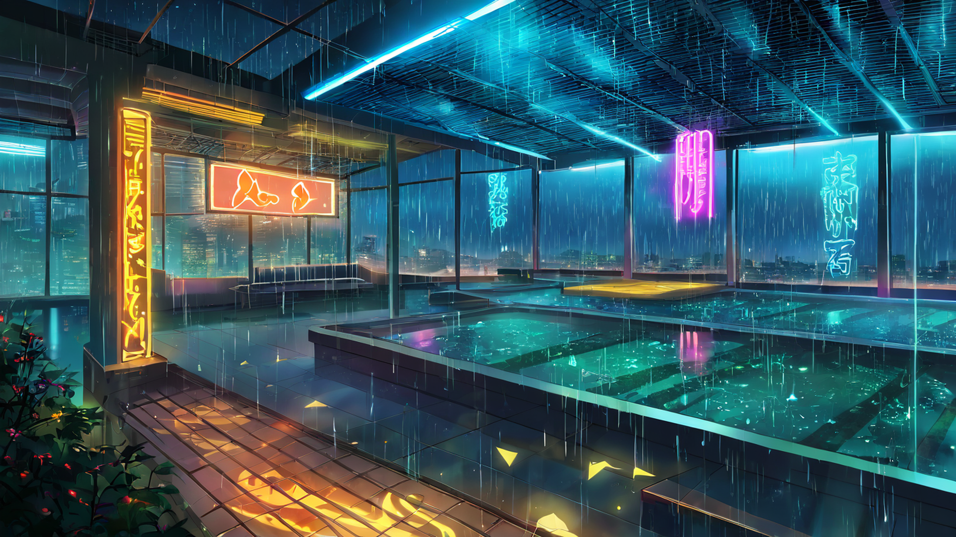 cyberpunk garden lofi wallpaper
