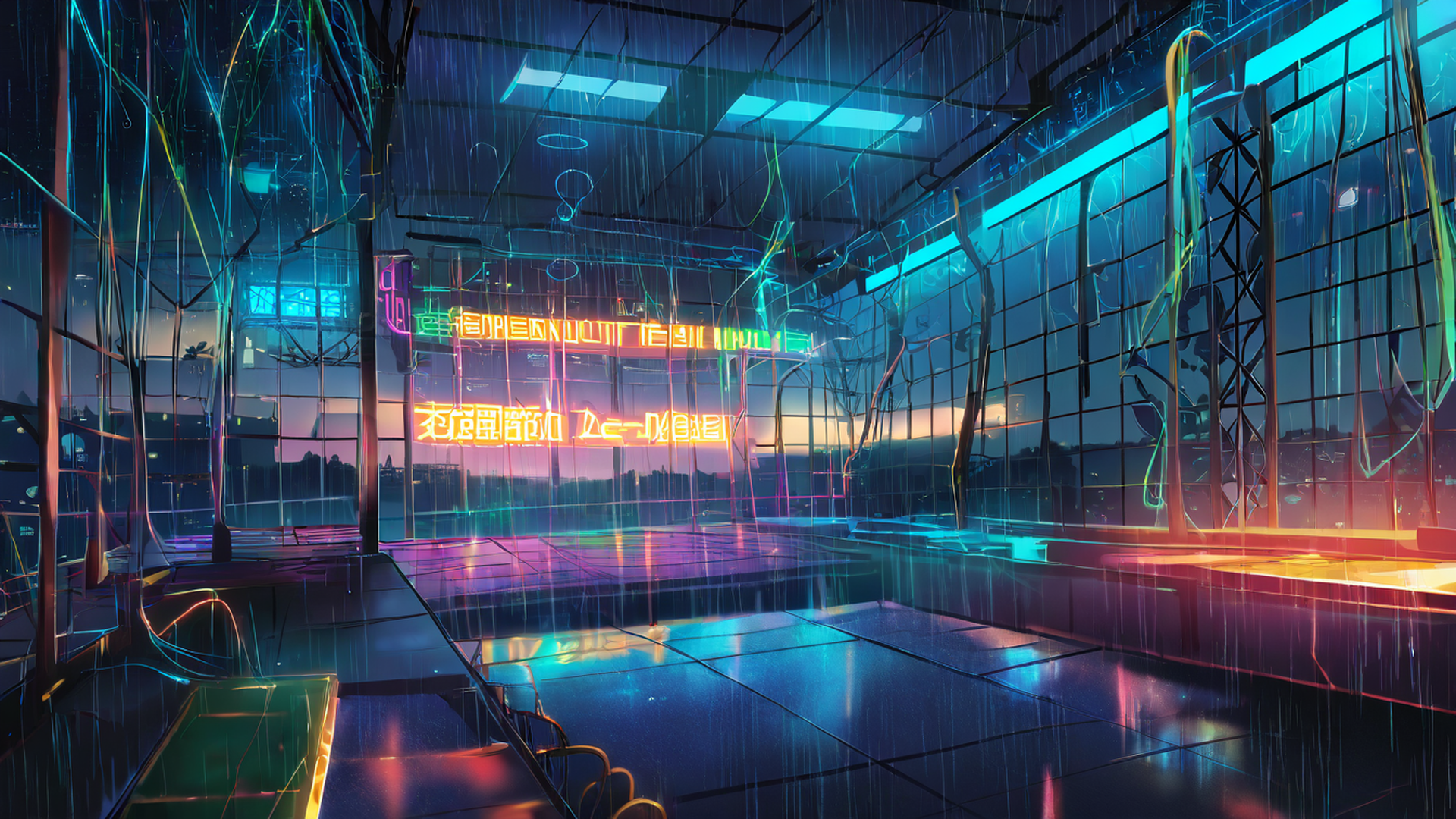 cyberpunk garden lofi wallpaper