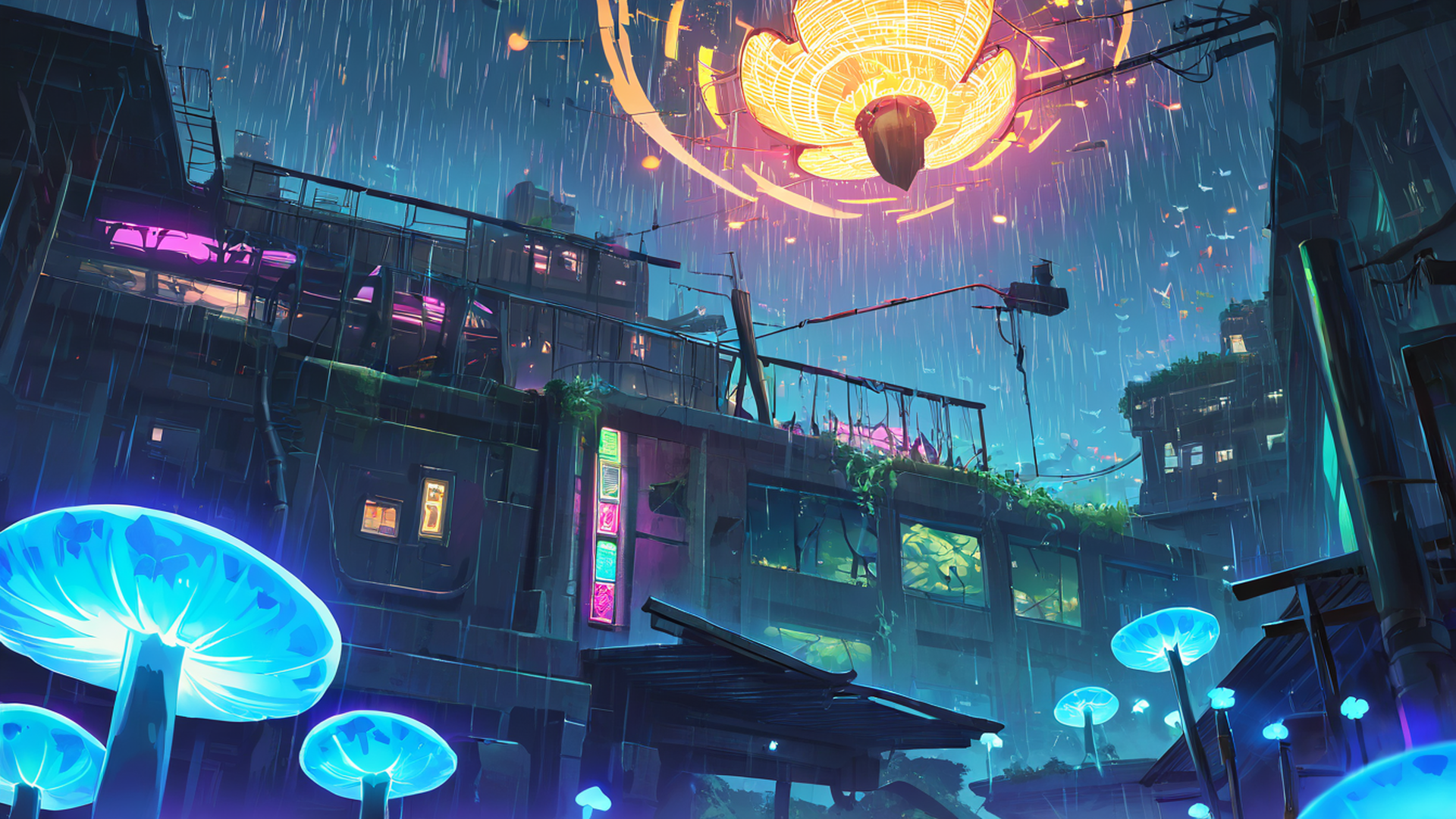 cyberpunk garden lofi wallpaper