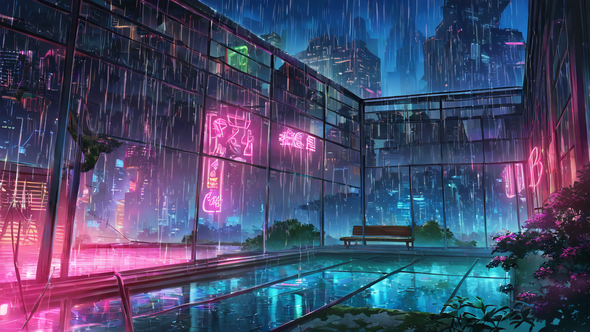 cyberpunk garden lofi wallpaper