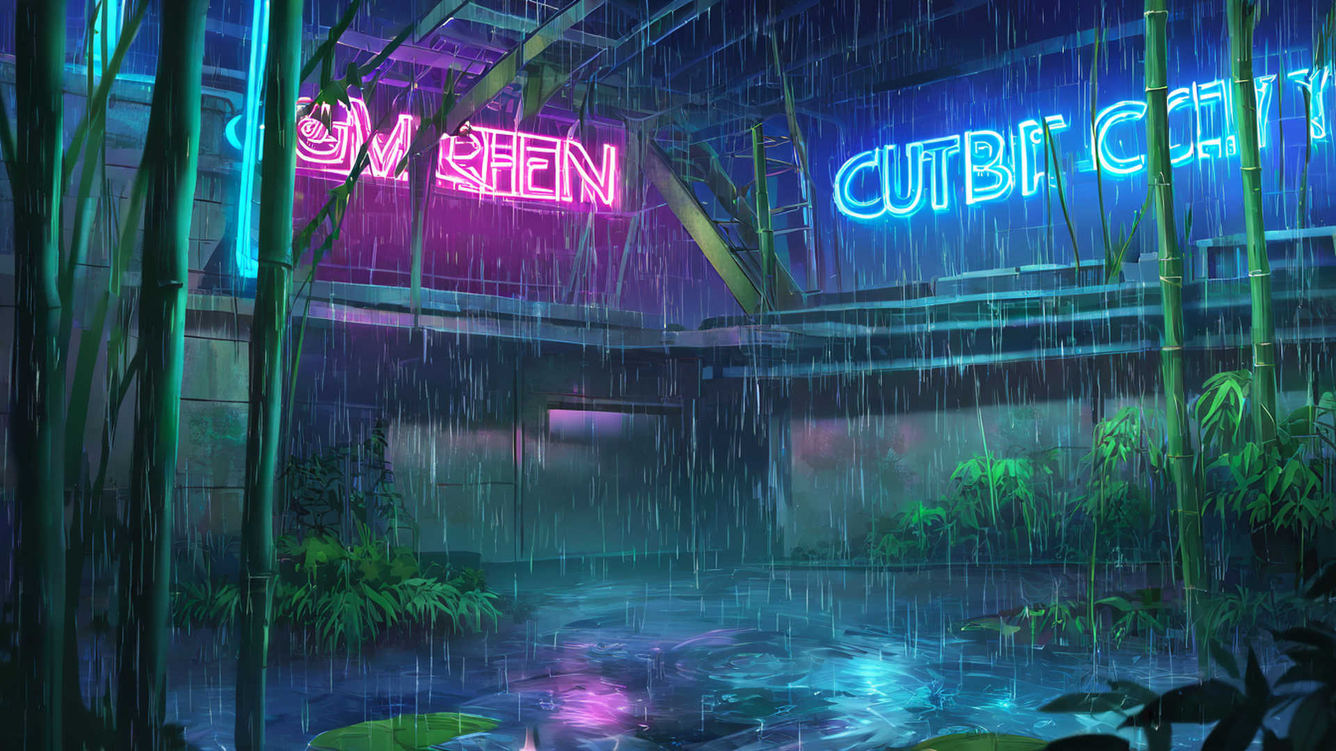 cyberpunk garden lofi wallpaper