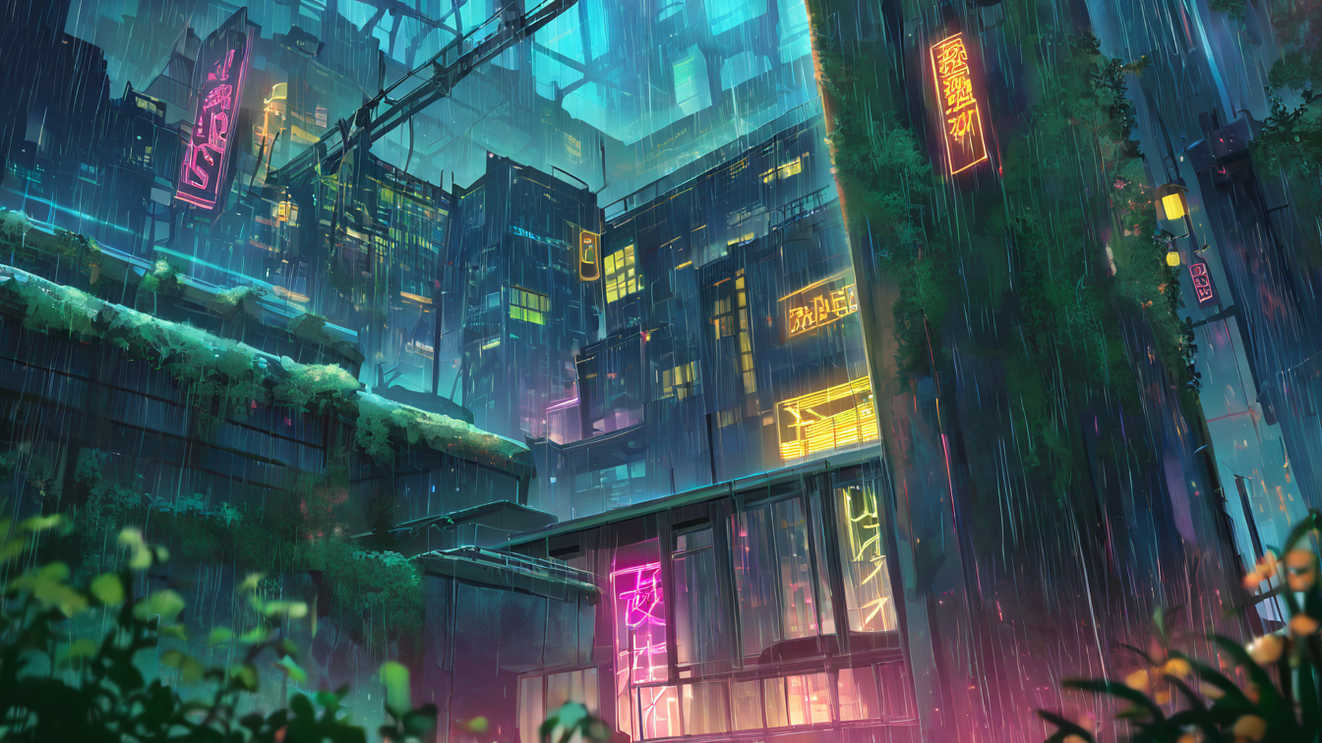 cyberpunk garden lofi wallpaper