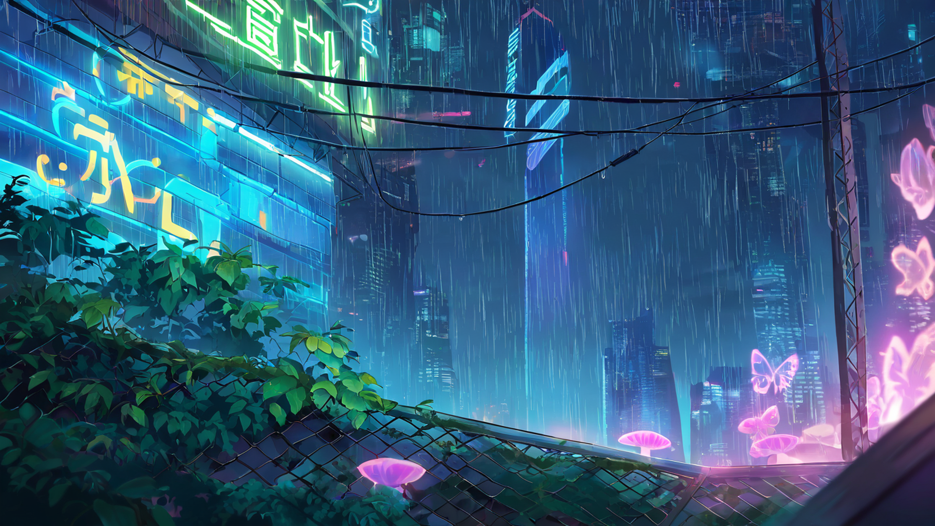 cyberpunk garden lofi wallpaper