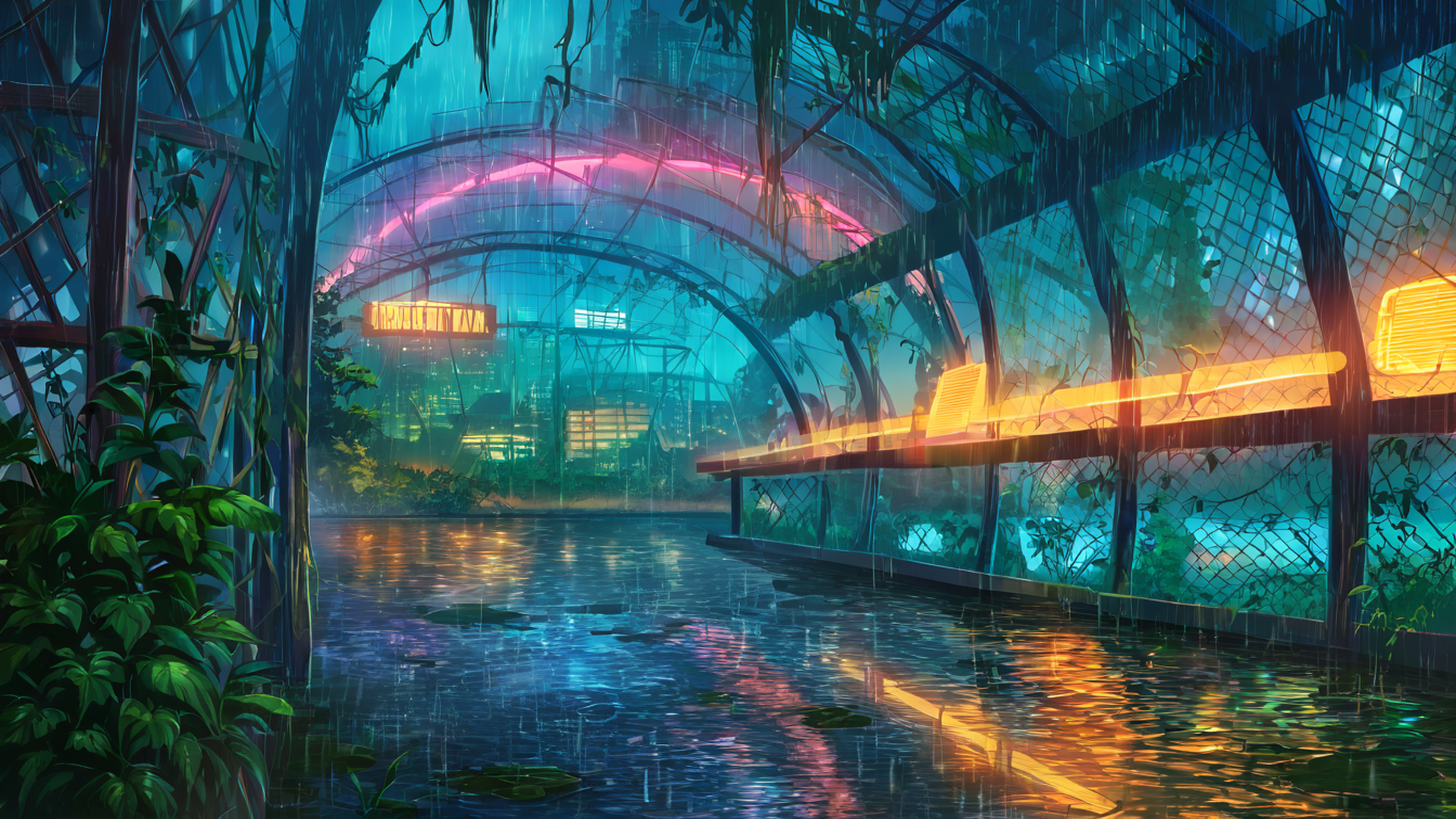 cyberpunk garden lofi wallpaper