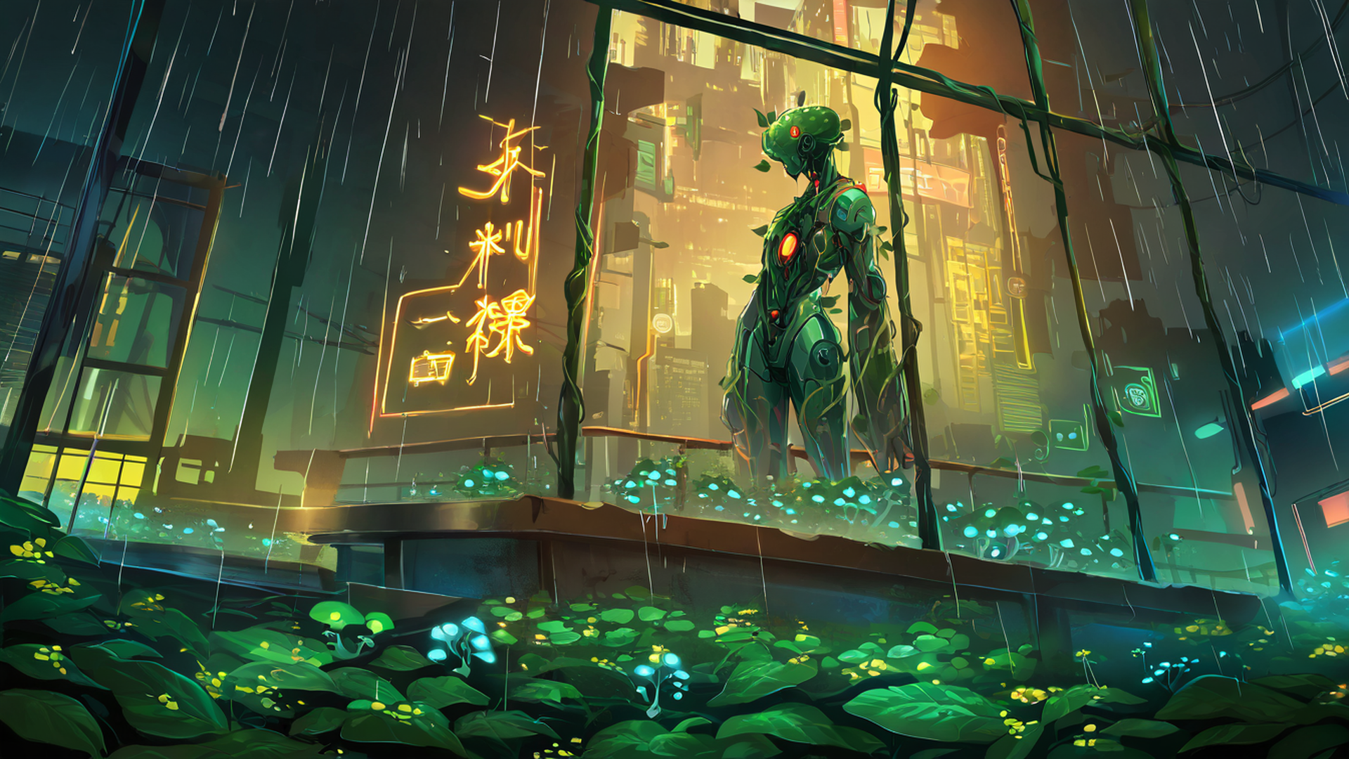 cyberpunk garden lofi wallpaper