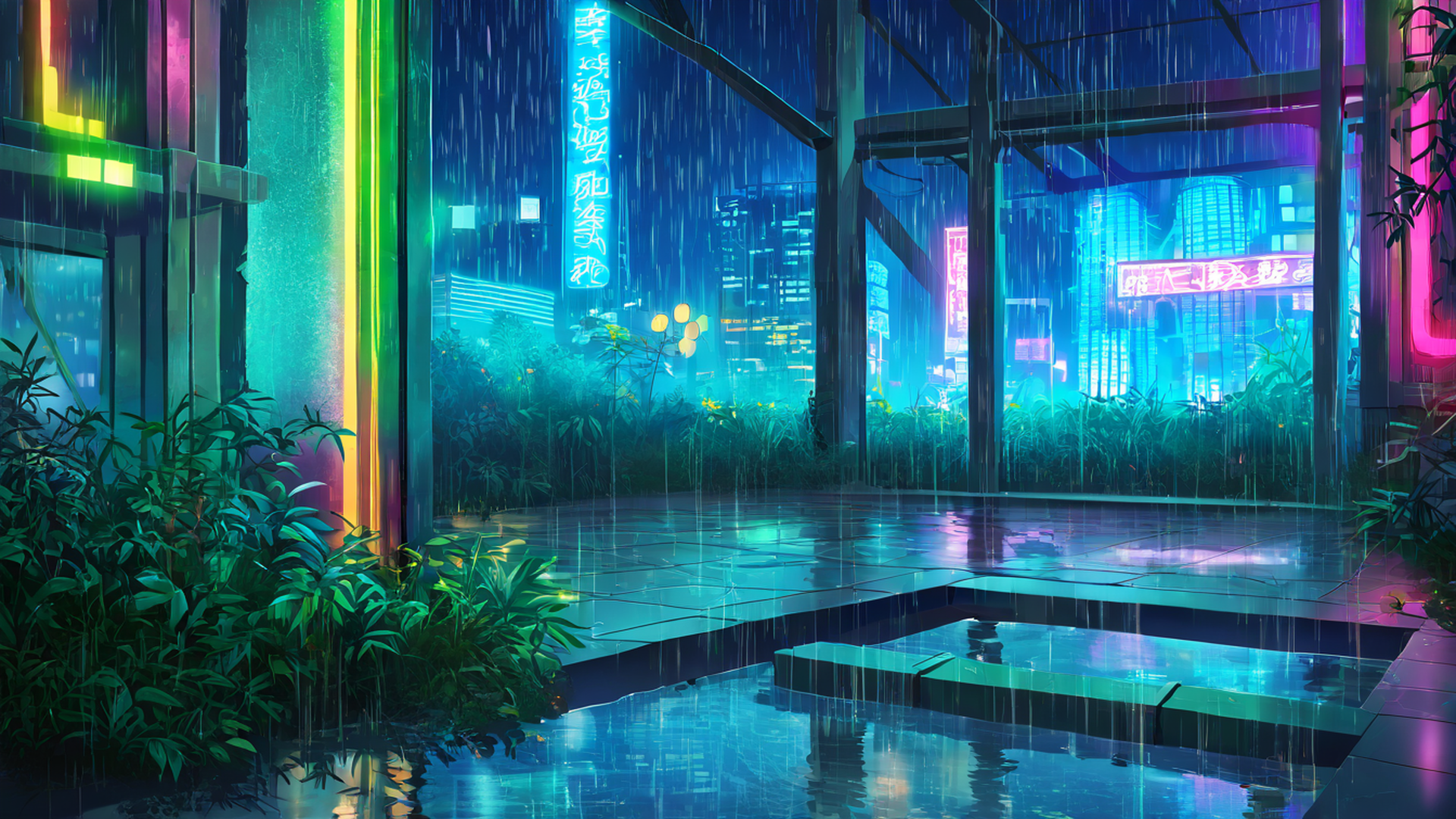 cyberpunk garden lofi wallpaper