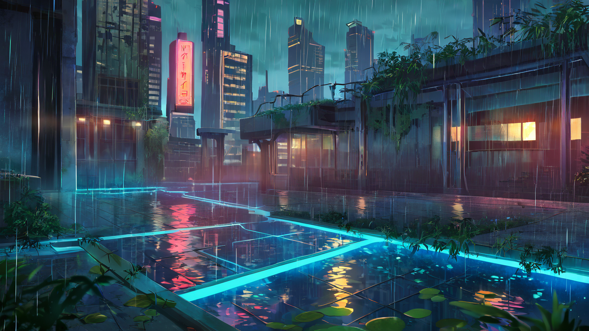 cyberpunk garden lofi wallpaper