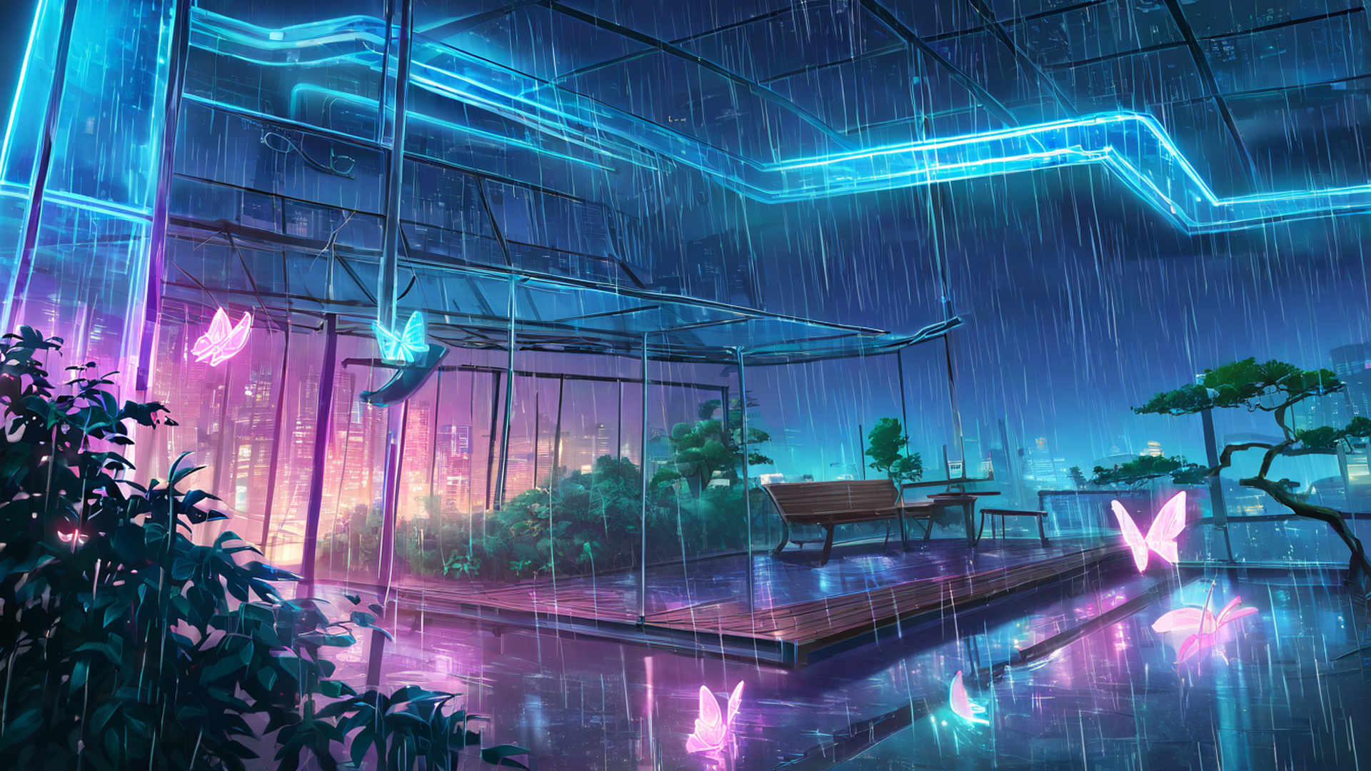 cyberpunk garden lofi wallpaper