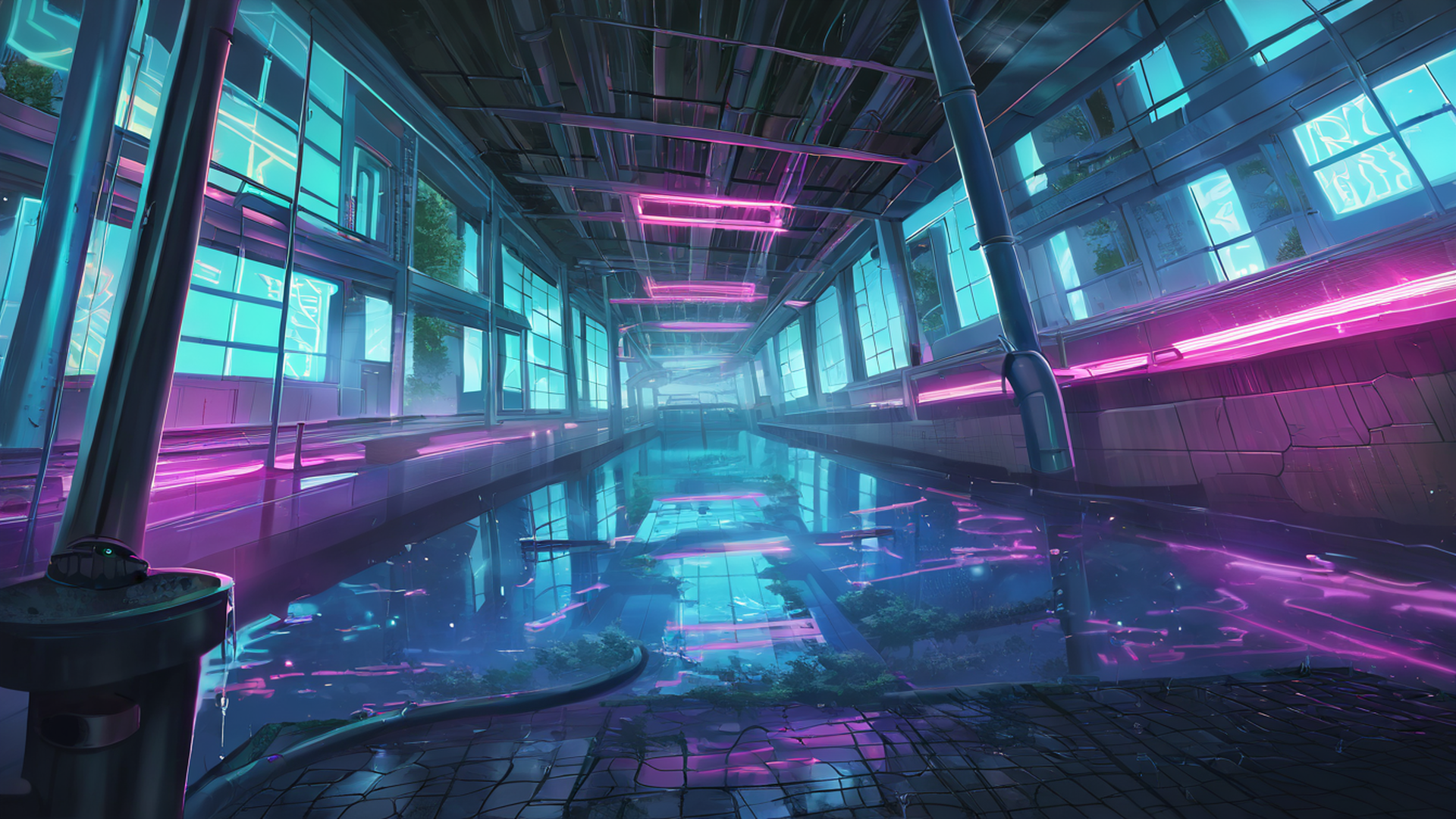 cyberpunk garden lofi wallpaper