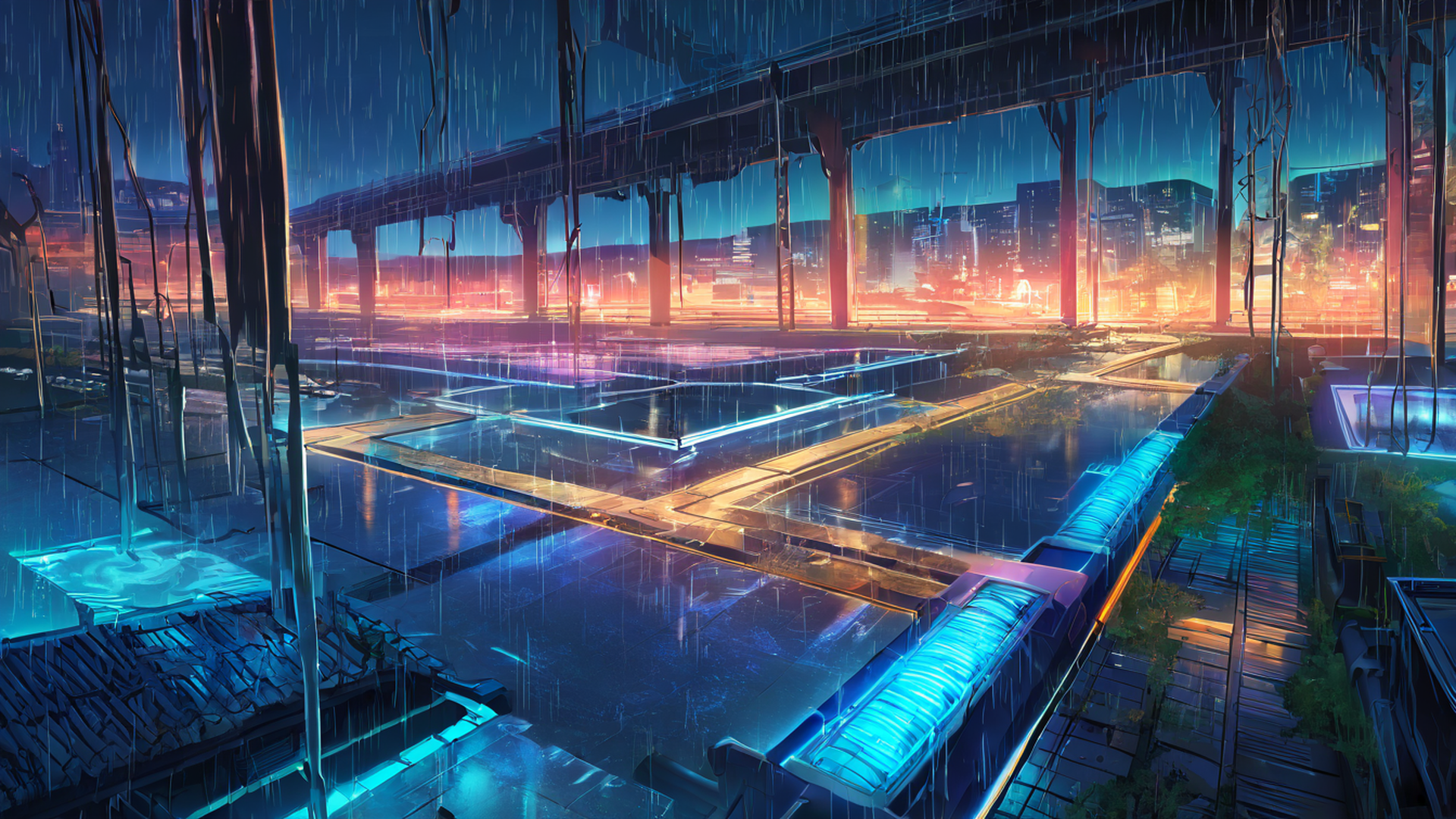 cyberpunk garden lofi wallpaper