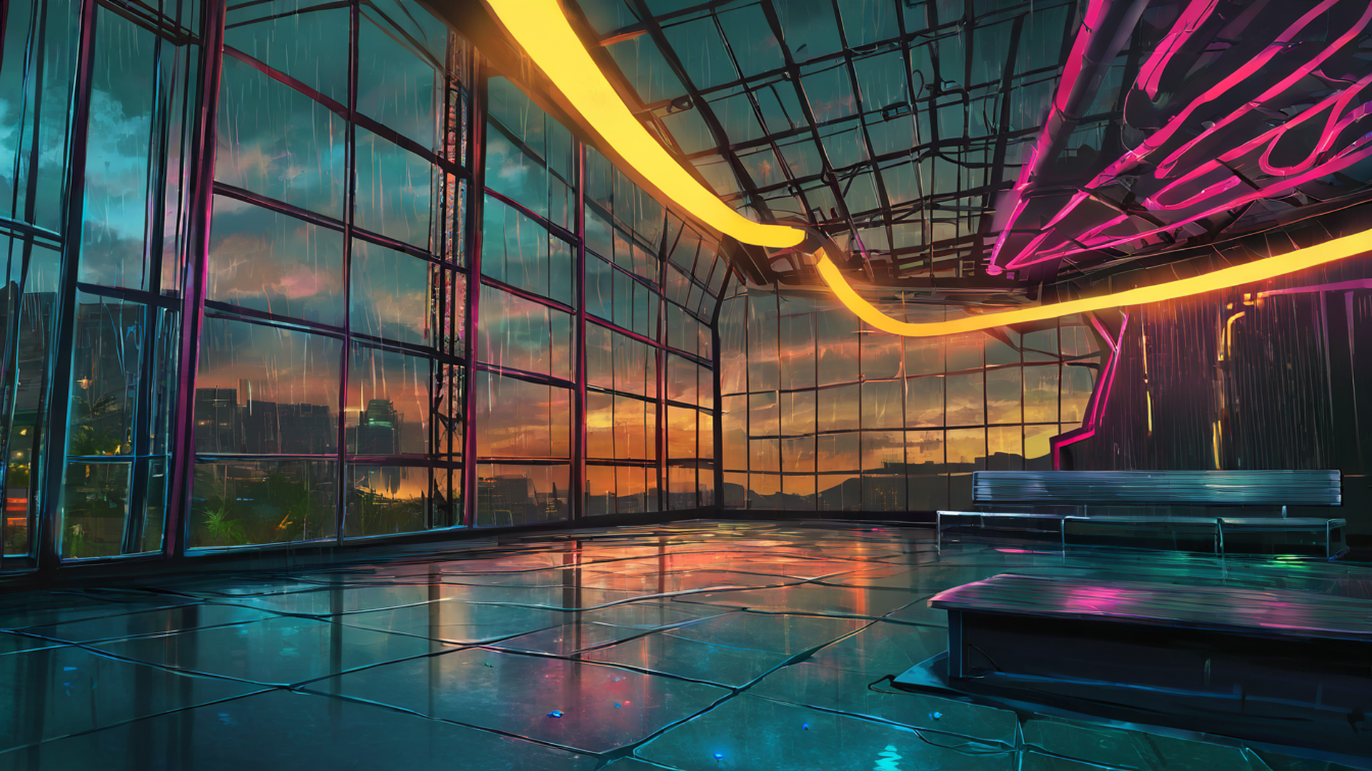 cyberpunk garden lofi wallpaper