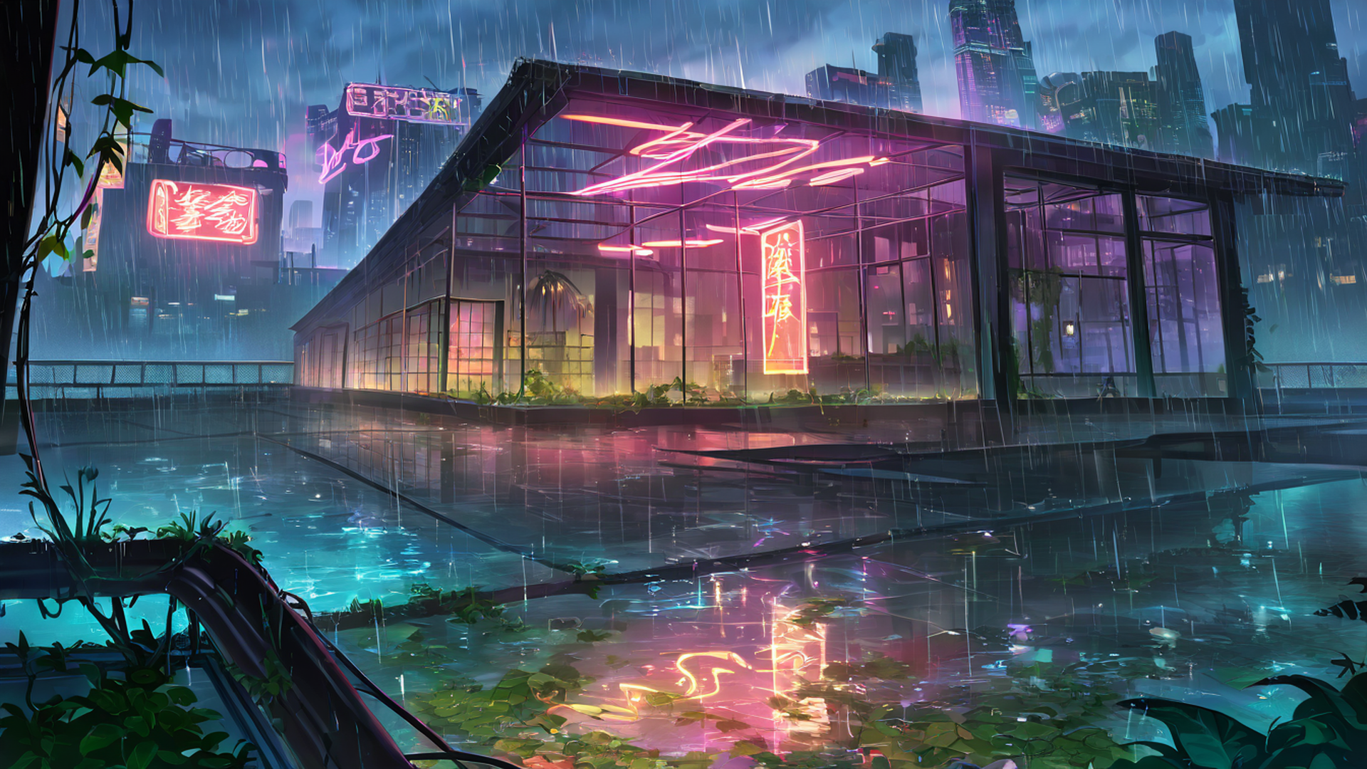 cyberpunk garden lofi wallpaper