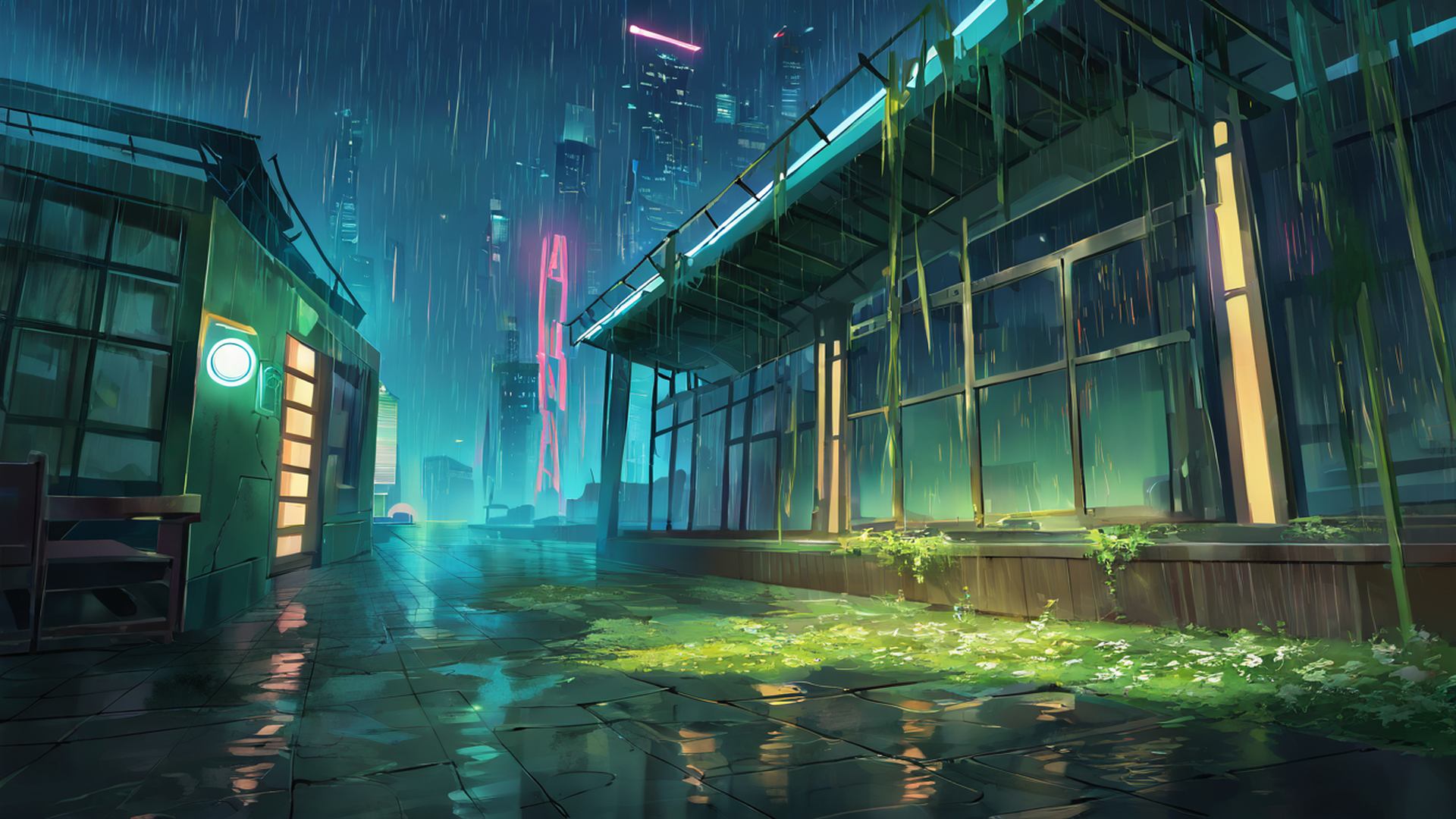 cyberpunk garden lofi wallpaper