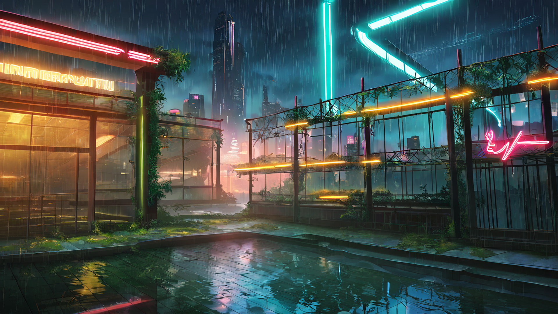 cyberpunk garden lofi wallpaper