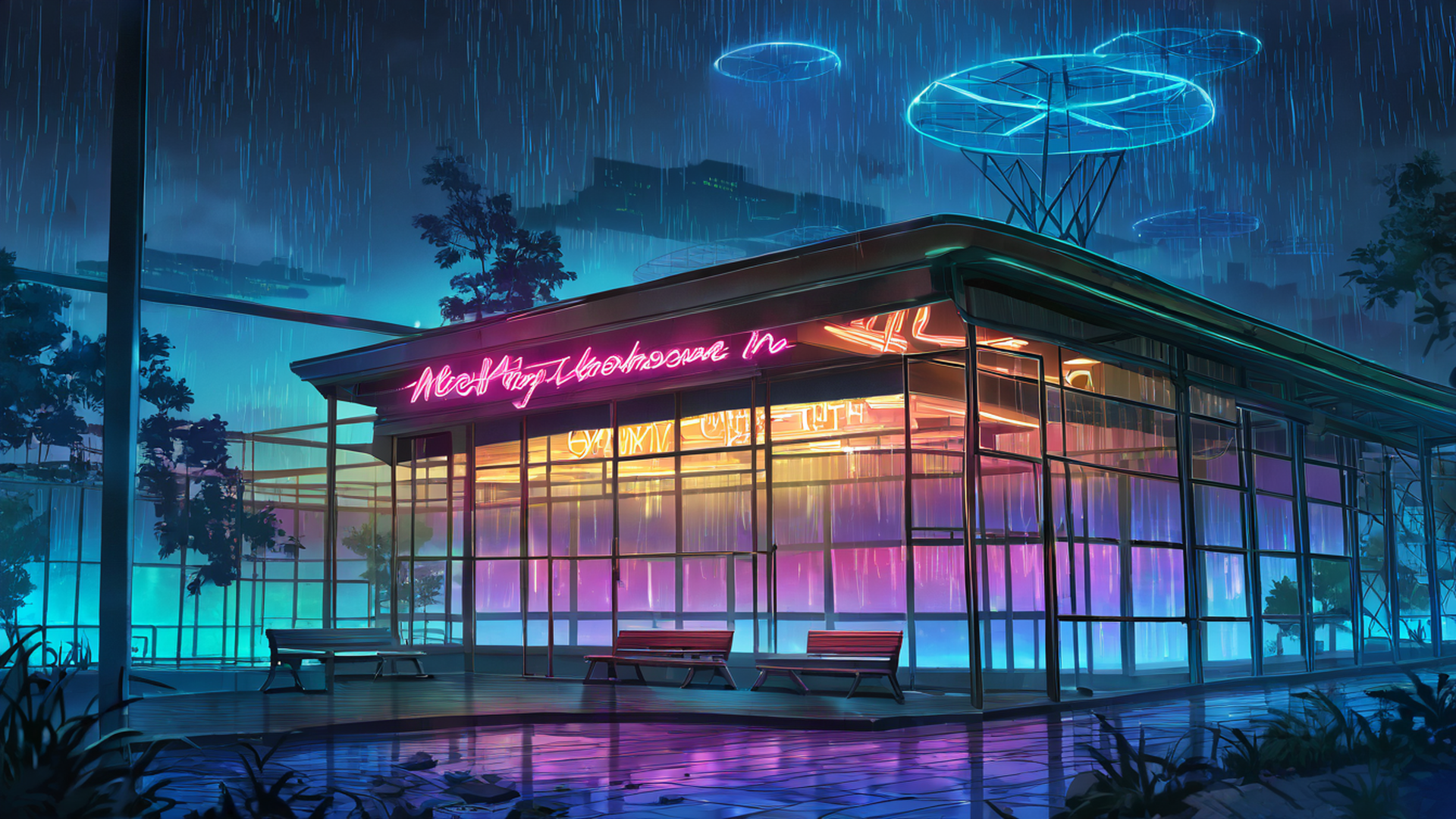 cyberpunk garden lofi wallpaper