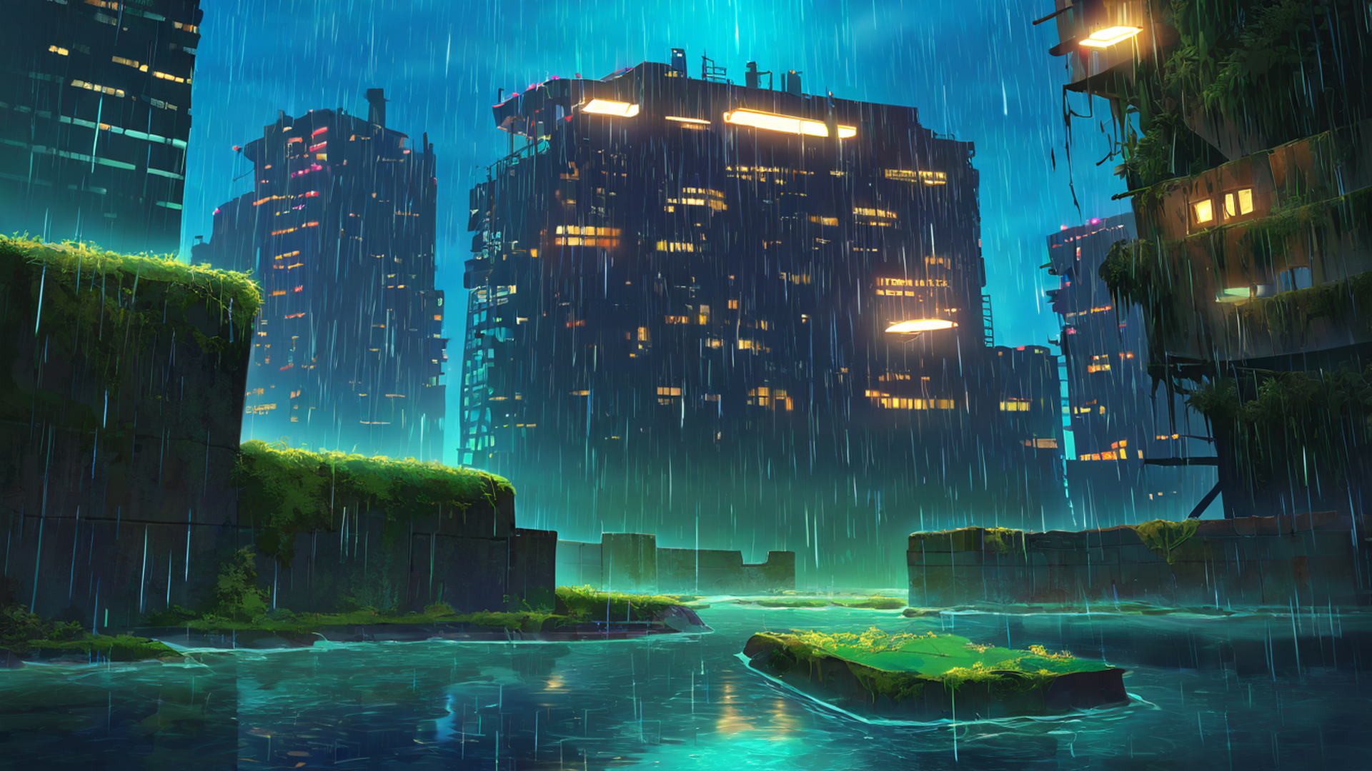 cyberpunk garden lofi wallpaper