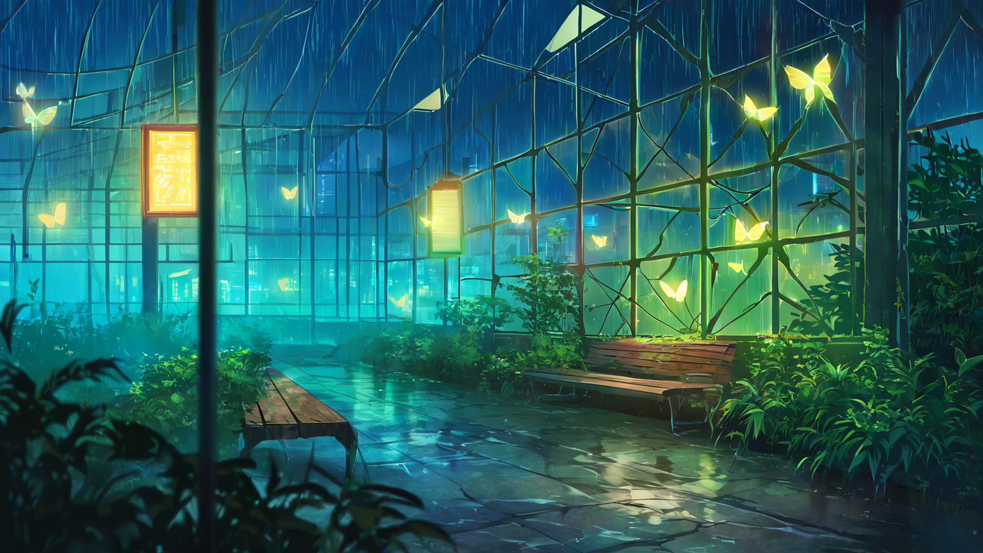 cyberpunk garden lofi wallpaper