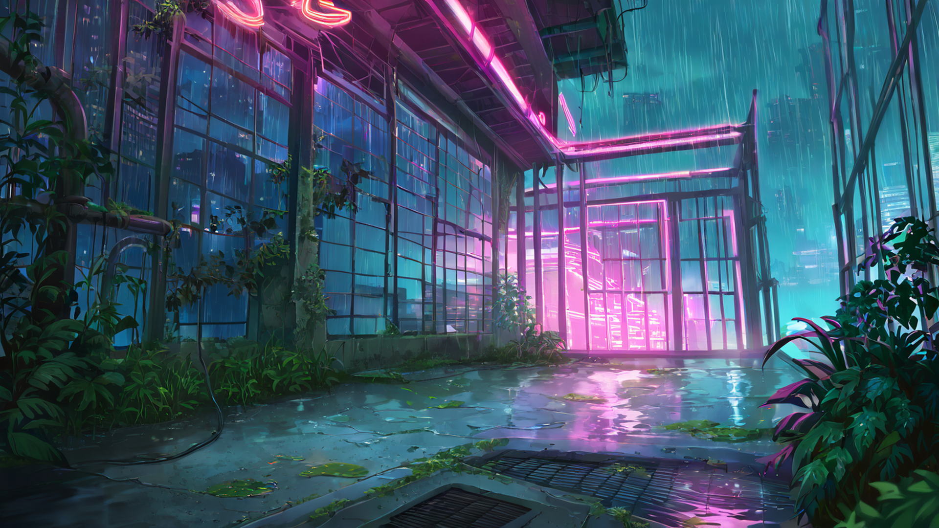 cyberpunk garden lofi wallpaper