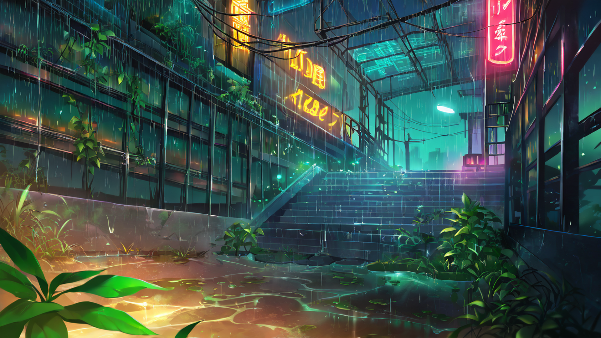 cyberpunk garden lofi wallpaper