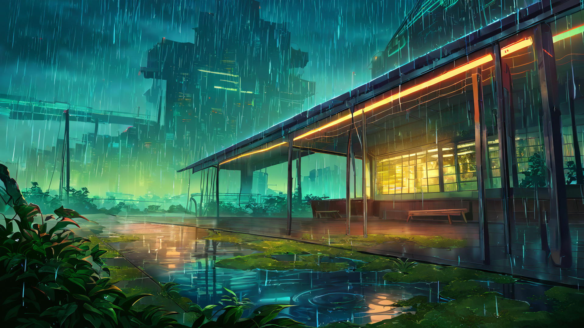 cyberpunk garden lofi wallpaper