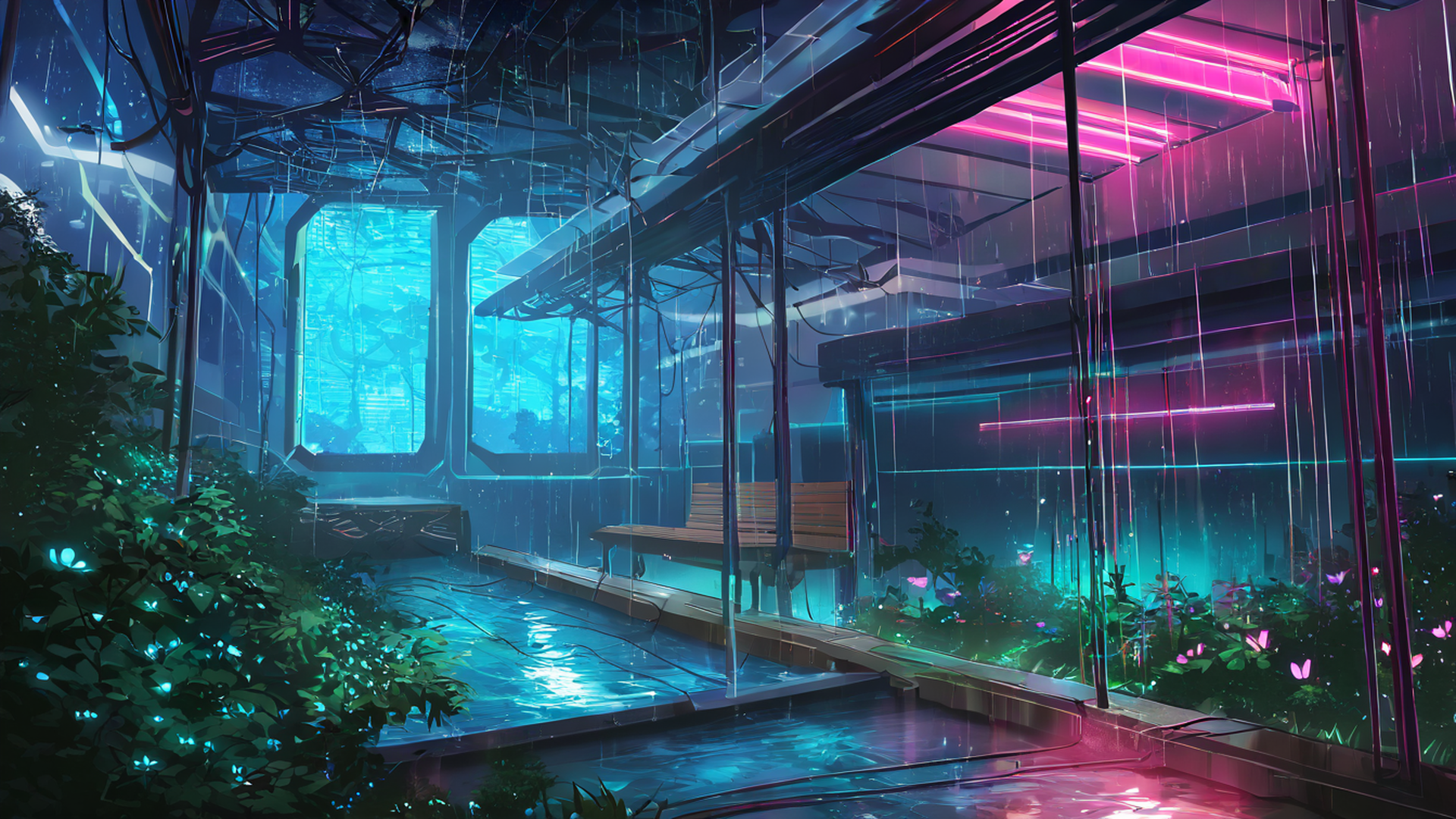 cyberpunk garden lofi wallpaper