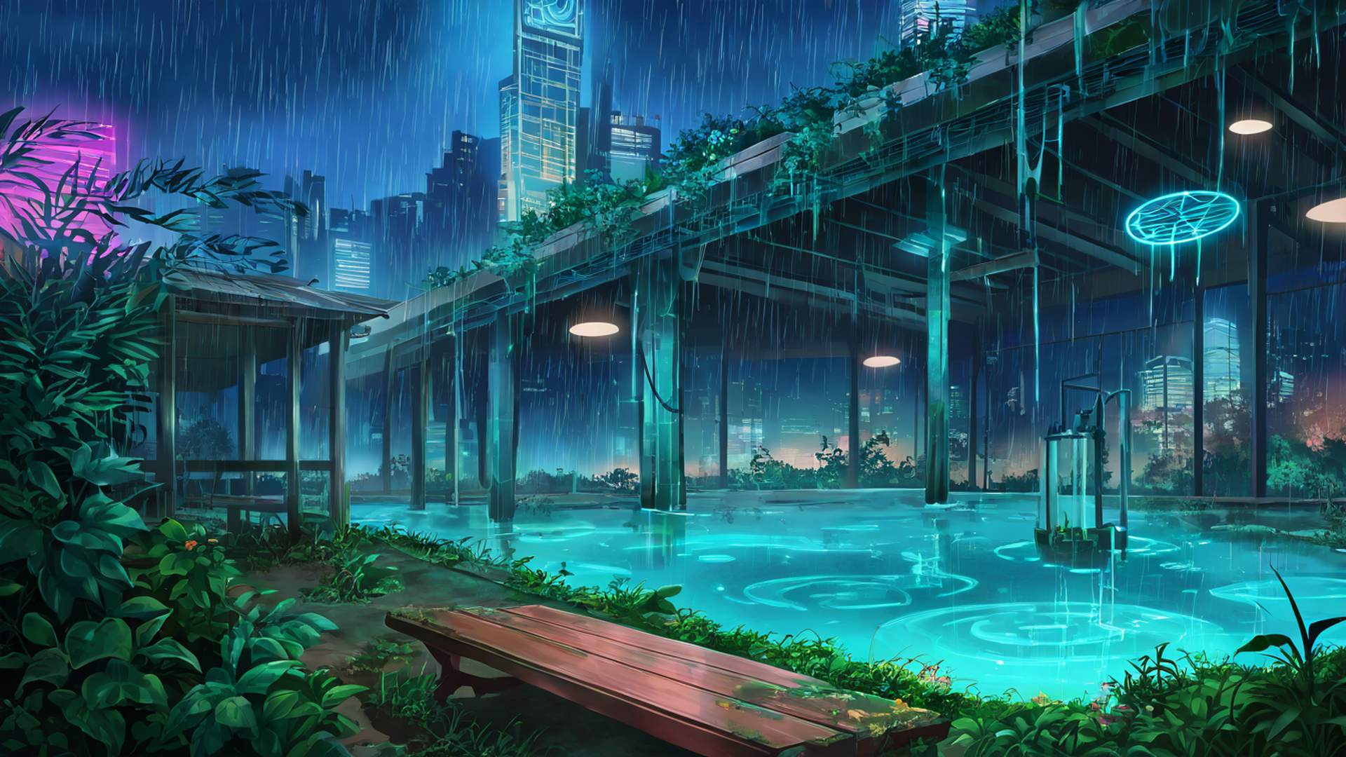 cyberpunk garden lofi wallpaper