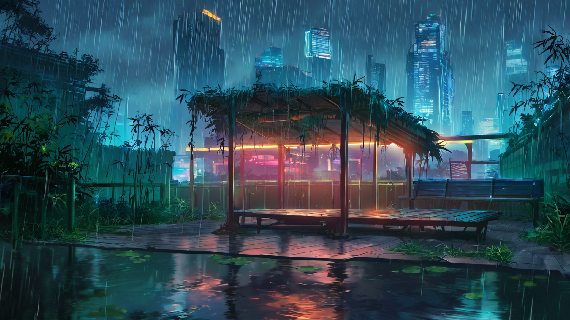 cyberpunk garden lofi wallpaper