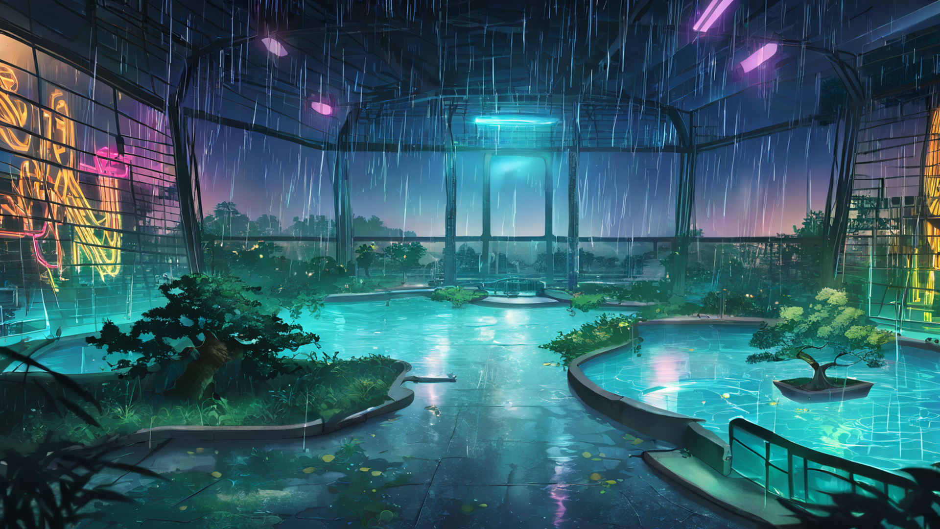 cyberpunk garden lofi wallpaper