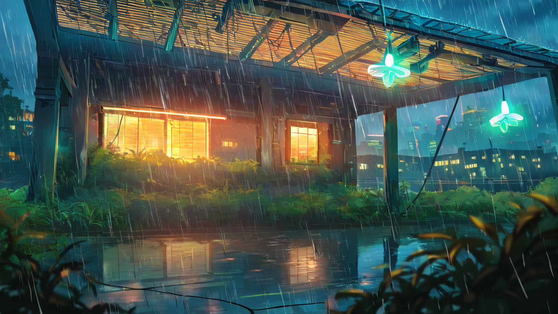 cyberpunk garden lofi wallpaper